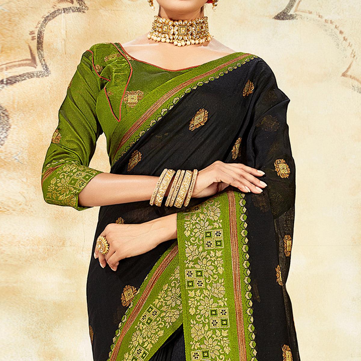 Pleasant Black Colored Festive Wear Woven Cotton Saree - Peachmode