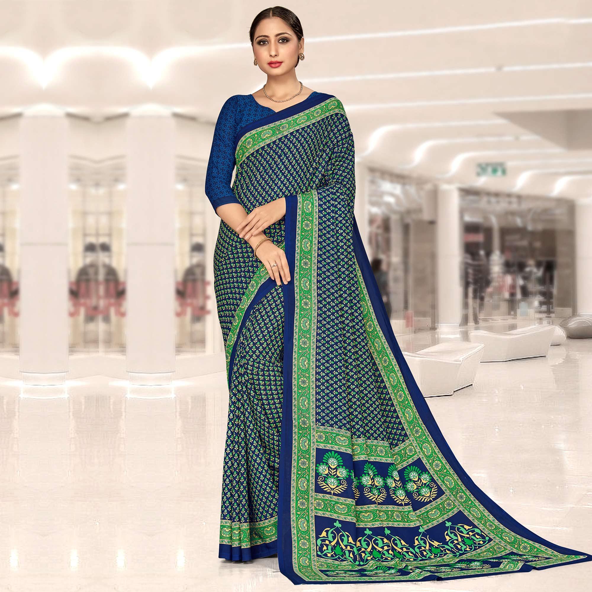Pleasant Blue & Green Coloured Casual Wear Printed Crepe Saree - Peachmode
