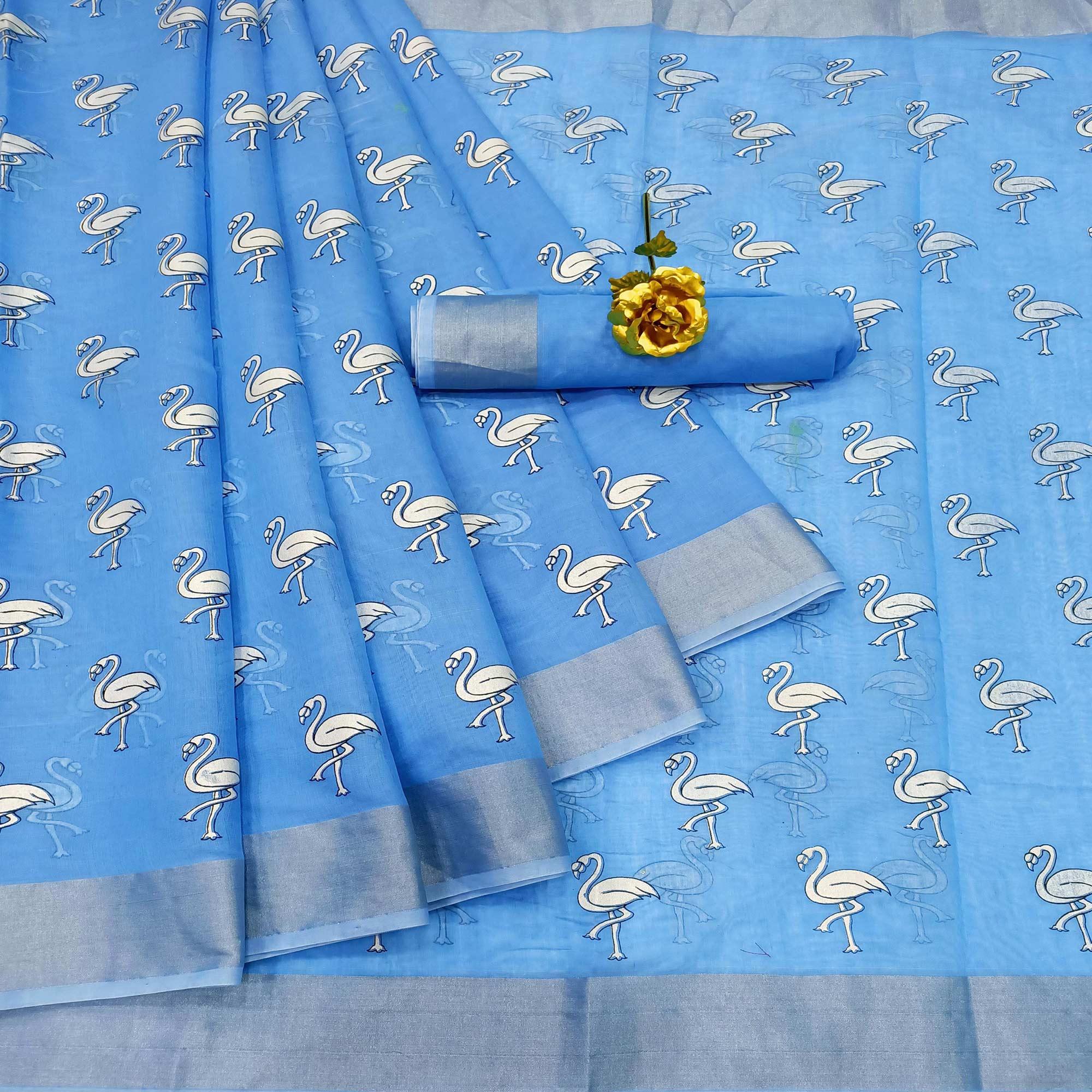 Pleasant Blue Colored Casual Wear Printed Cotton Linen Saree - Peachmode