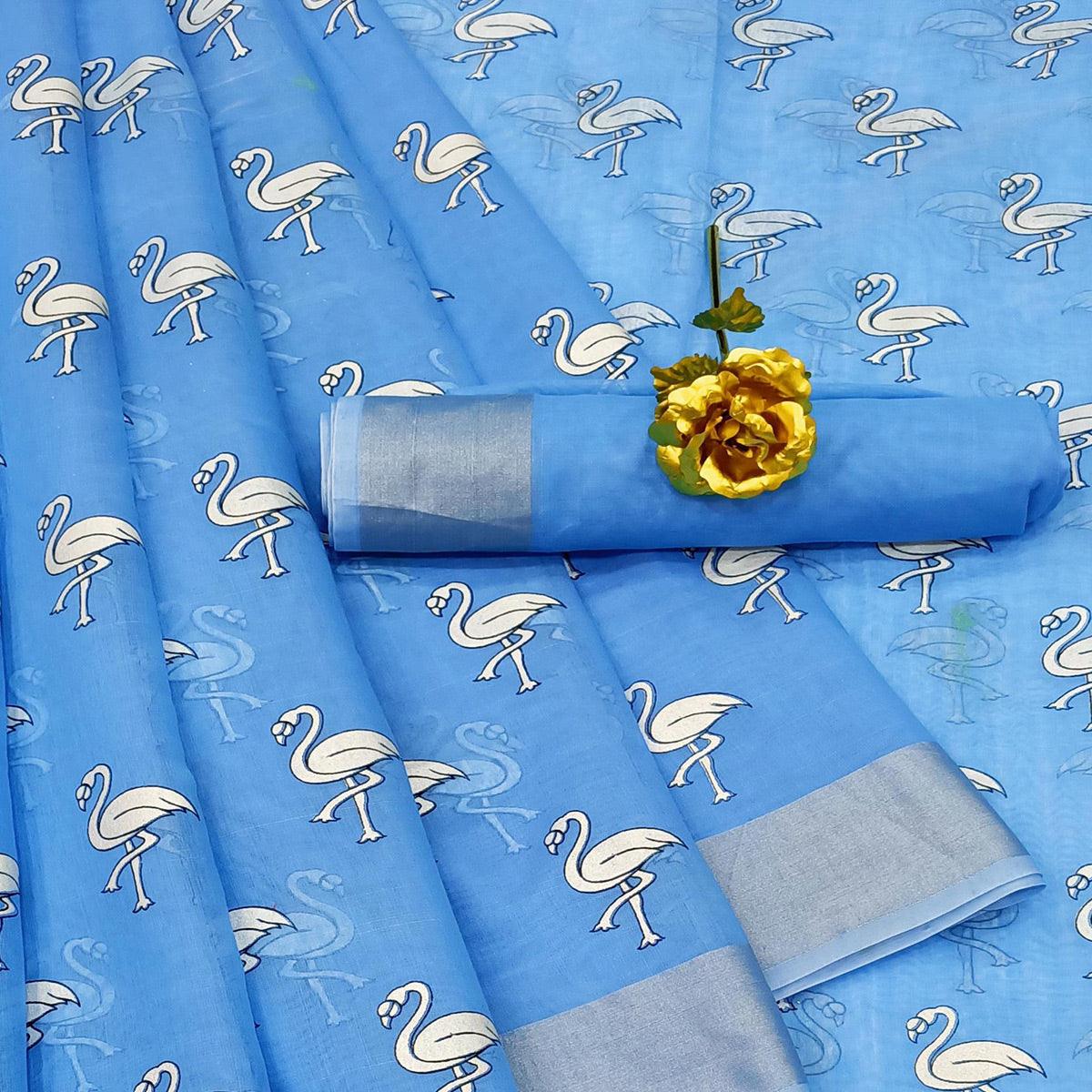 Pleasant Blue Colored Casual Wear Printed Cotton Linen Saree - Peachmode