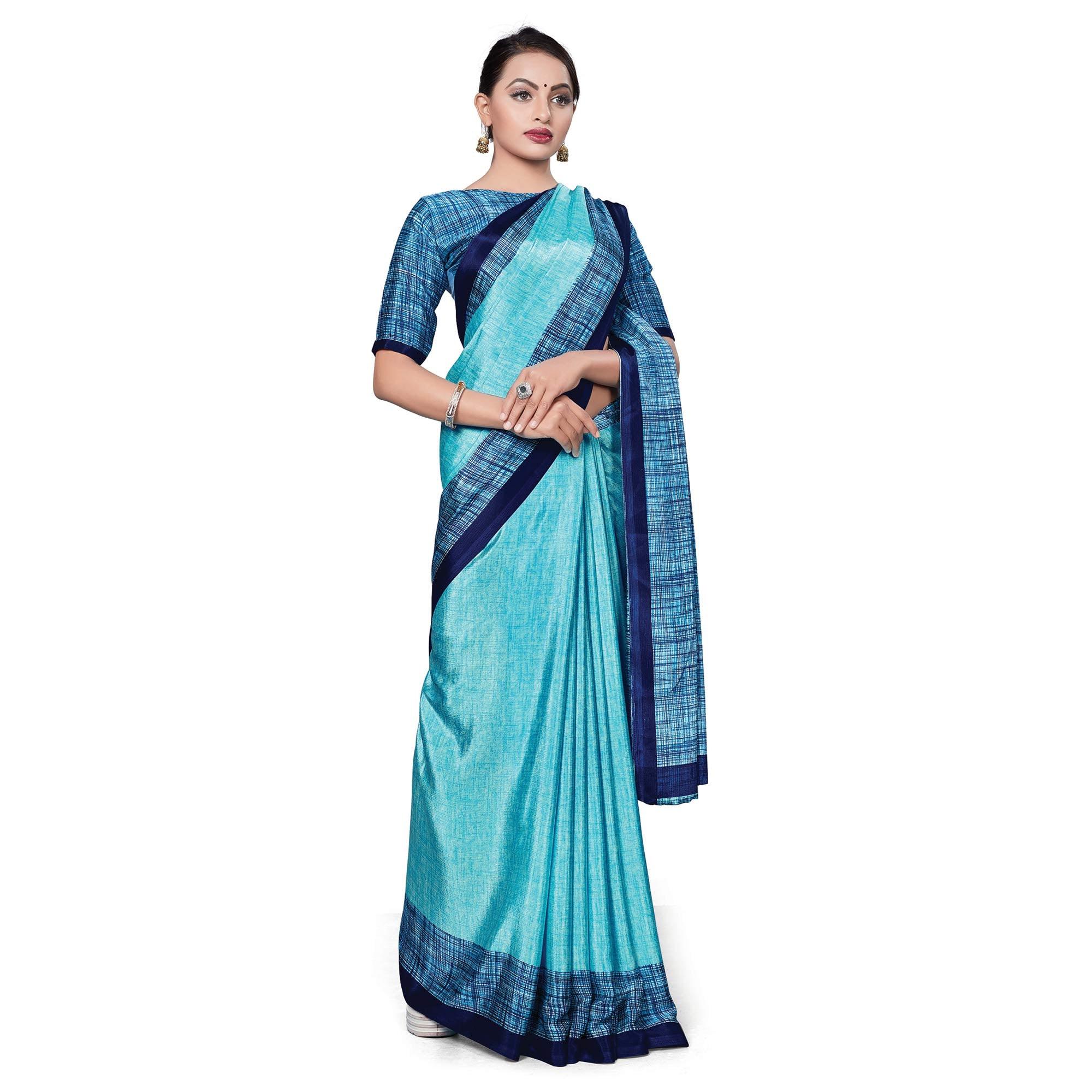 Pleasant Blue Colored Casual Wear Printed Crepe Saree - Peachmode