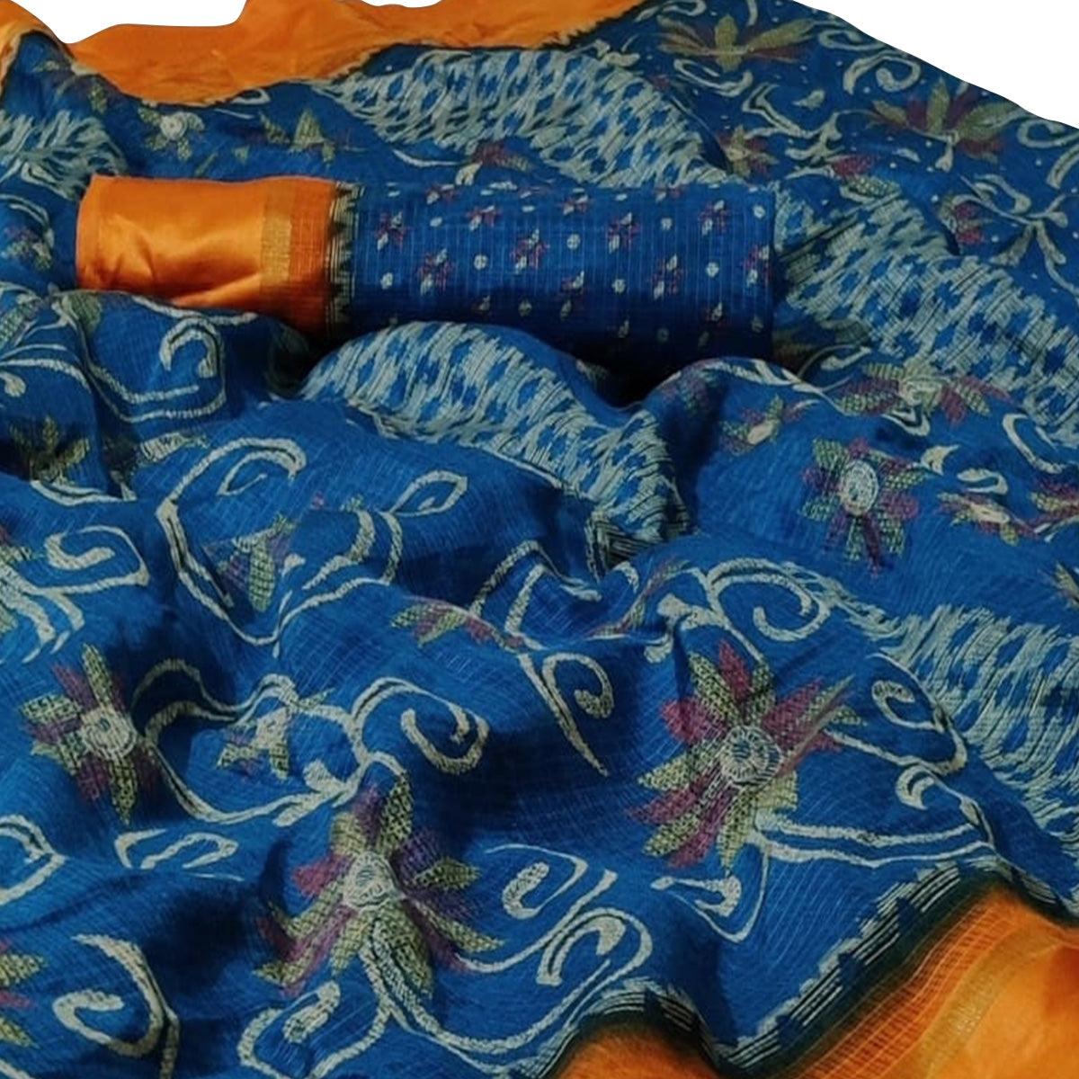 Pleasant Blue Colored Casual Wear Printed Silk Saree - Peachmode
