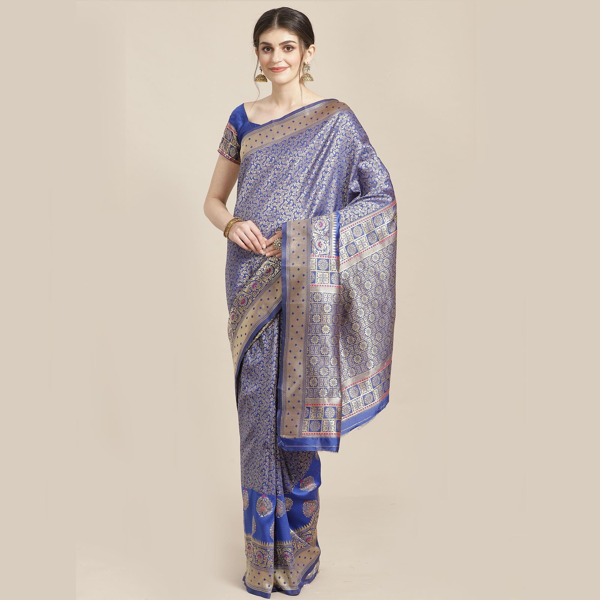Pleasant Blue Colored Festive Wear Woven Silk Blend Saree - Peachmode