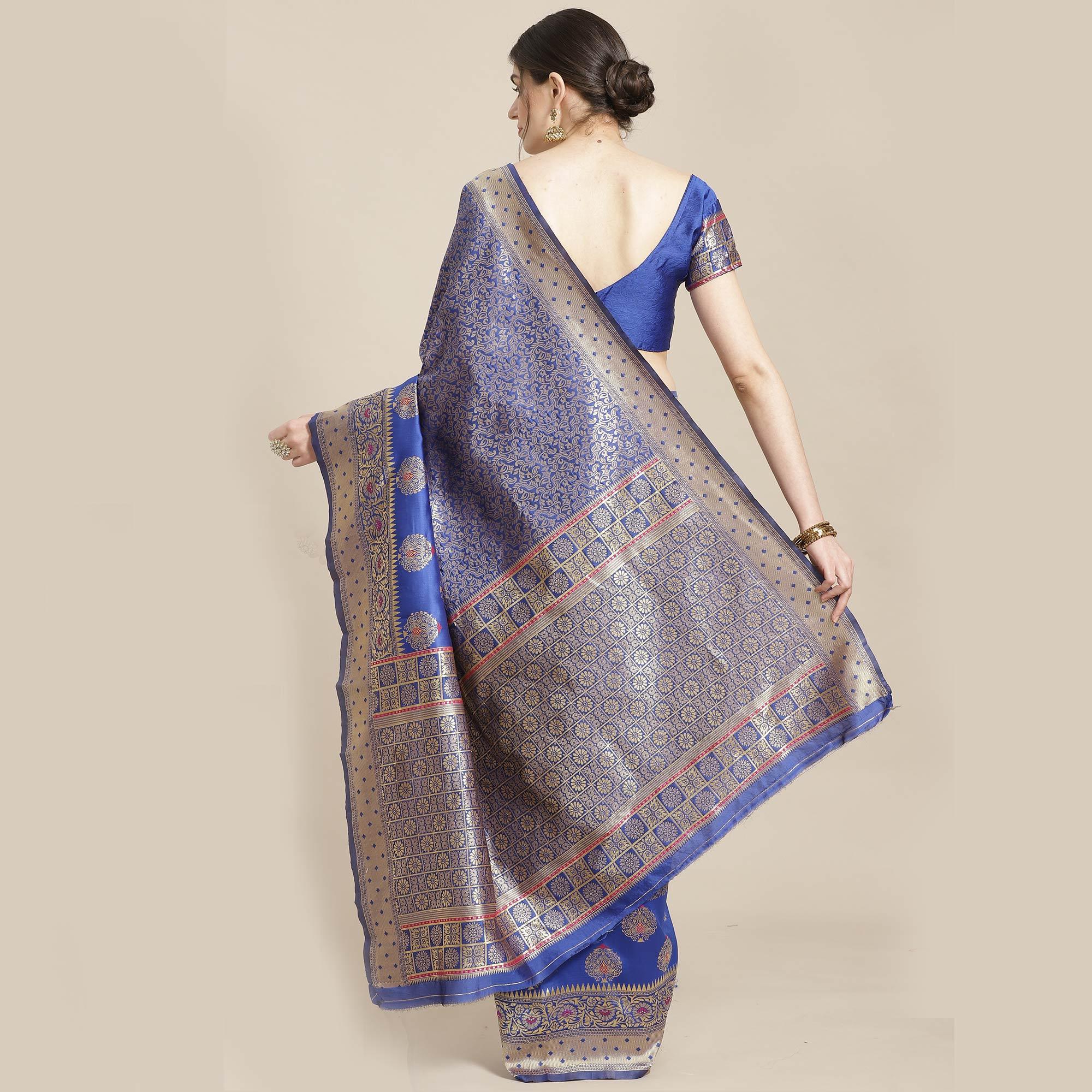 Pleasant Blue Colored Festive Wear Woven Silk Blend Saree - Peachmode