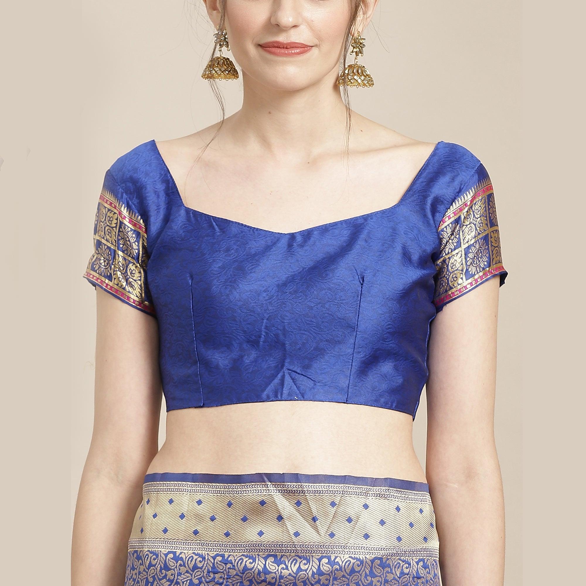 Pleasant Blue Colored Festive Wear Woven Silk Blend Saree - Peachmode