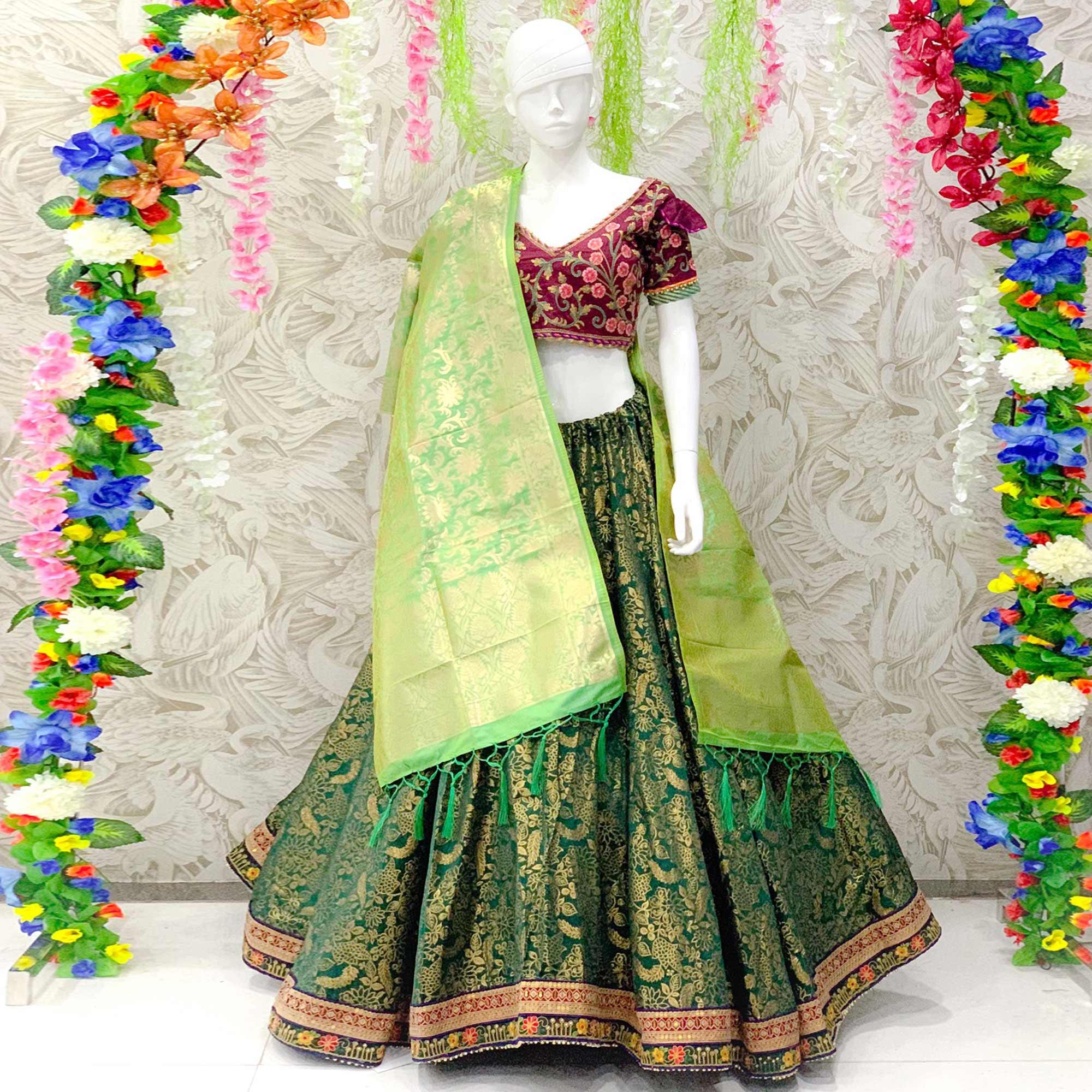 Pleasant Bottle Green Colored Designer Wedding Wear Woven Banarasi Silk Lehenga Choli Pleasant Bottle Green Colored Designer Wedding Wear Woven Banarasi Silk Lehenga Choli