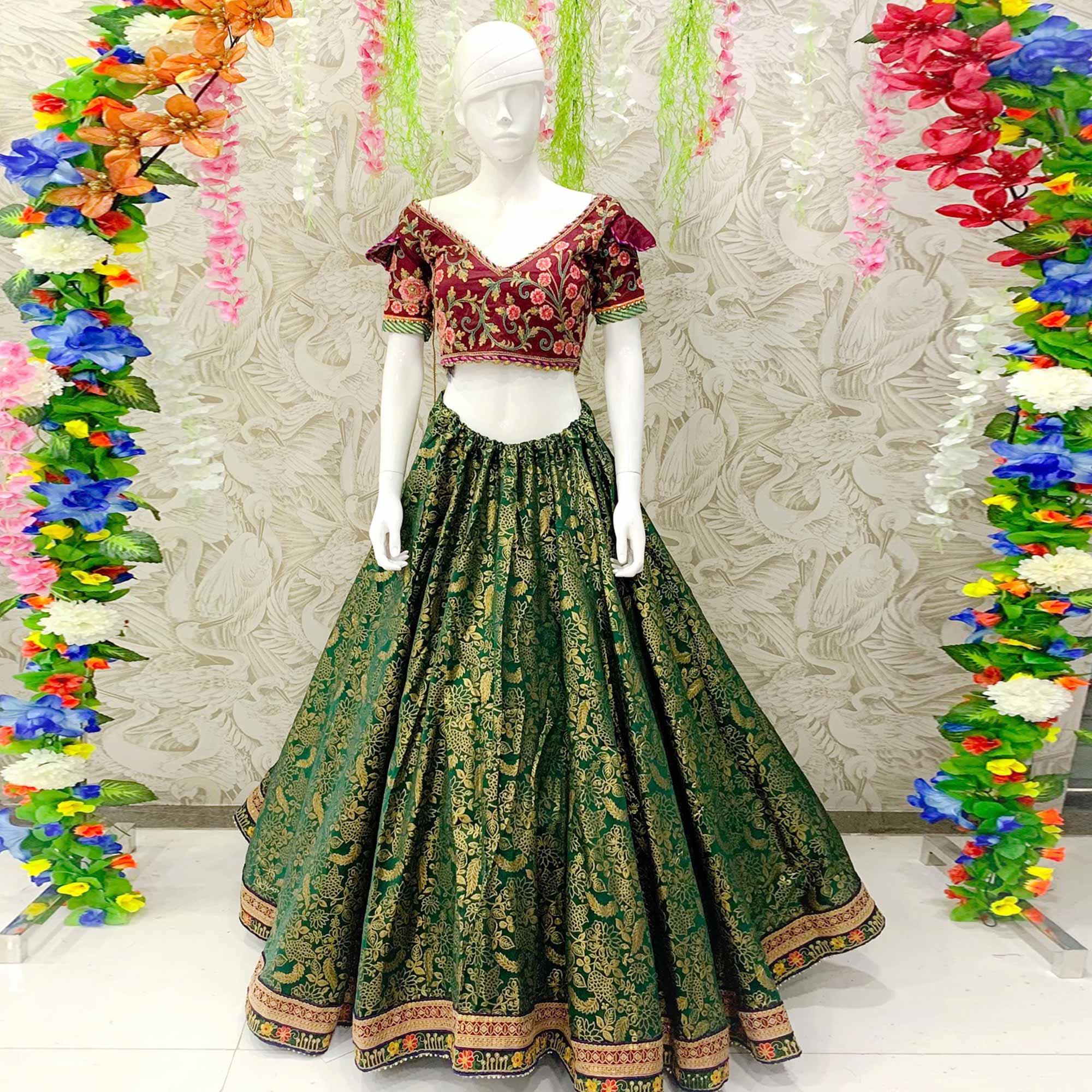 Pleasant Bottle Green Colored Designer Wedding Wear Woven Banarasi Silk Lehenga Choli - Peachmode
