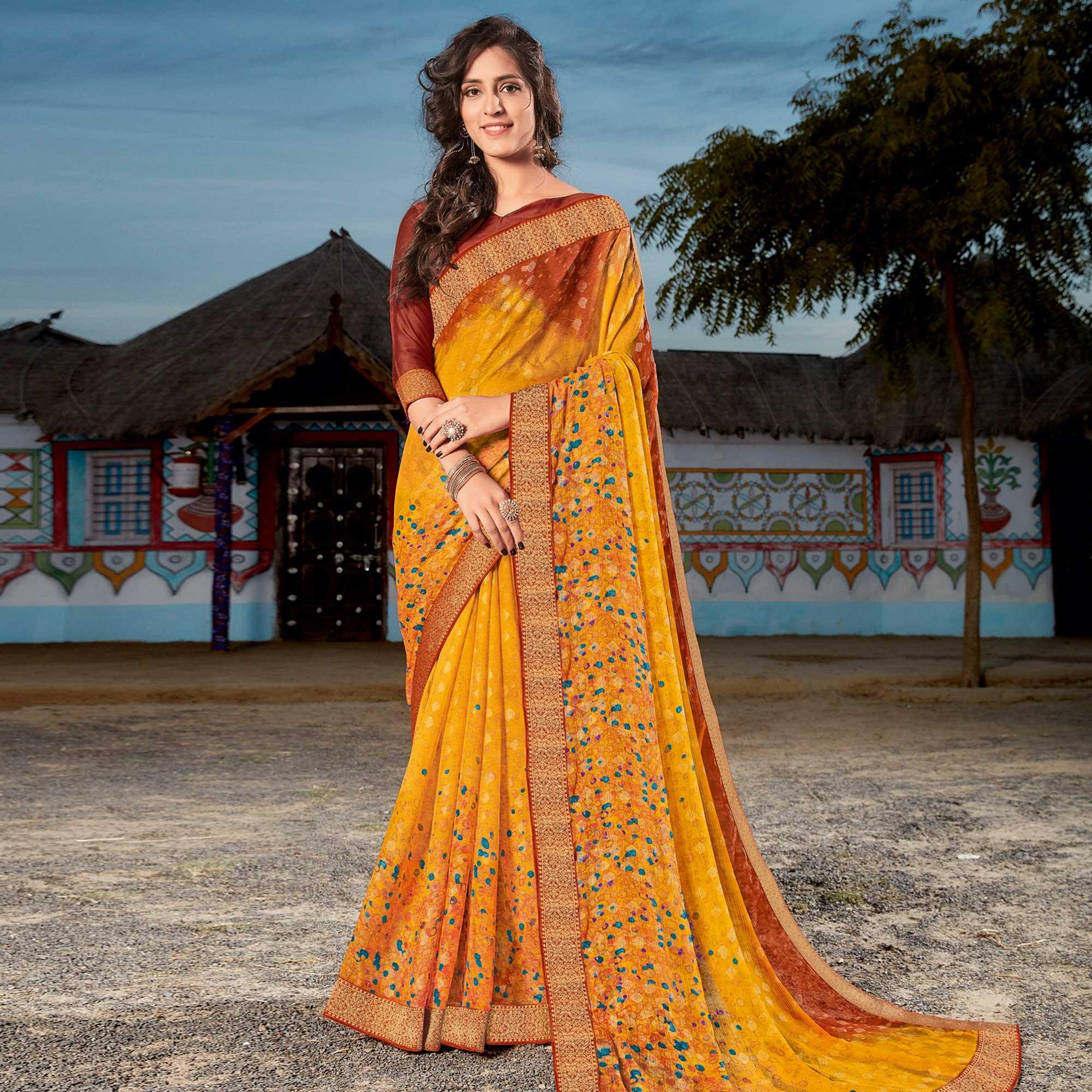 Pleasant Brown & Mustard Coloured Partywear Printed Brasso Saree - Peachmode