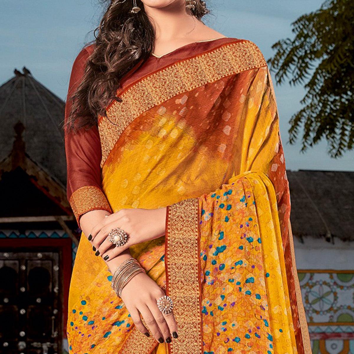 Pleasant Brown & Mustard Coloured Partywear Printed Brasso Saree - Peachmode