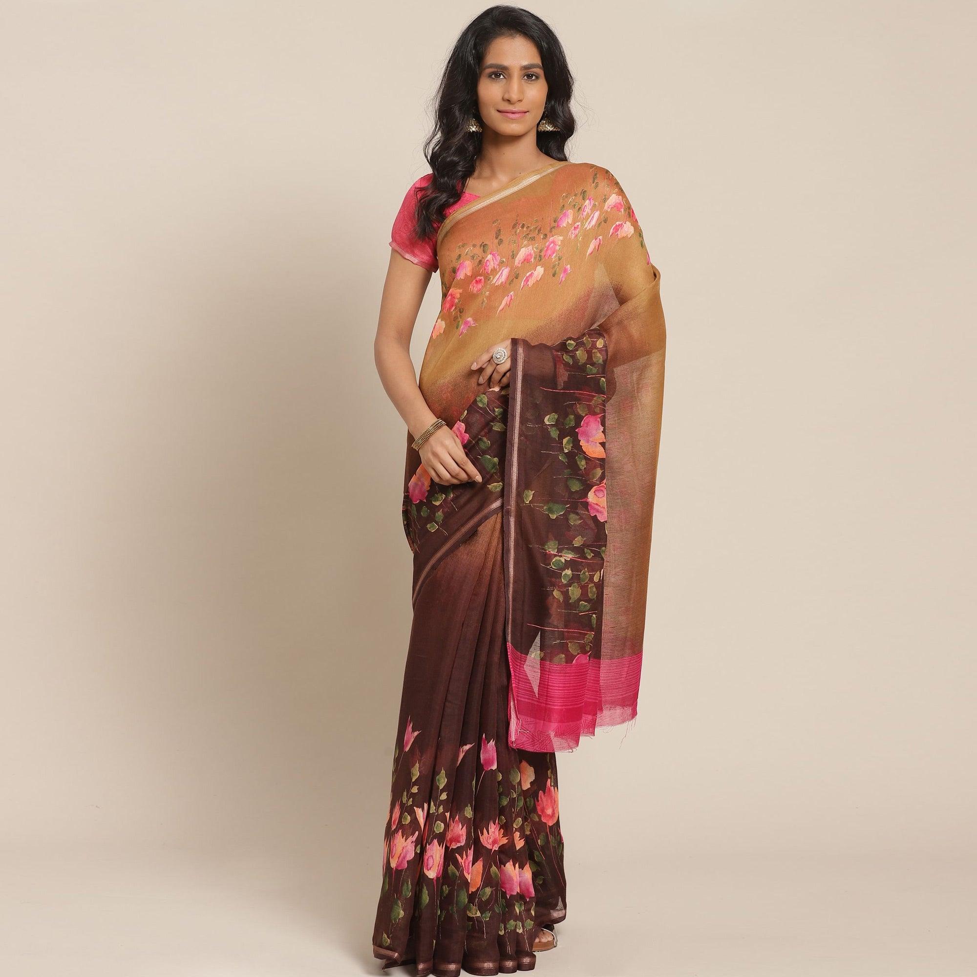 Pleasant Brown - Beige Colored Casual Wear Printed Cotton Blend Saree - Peachmode