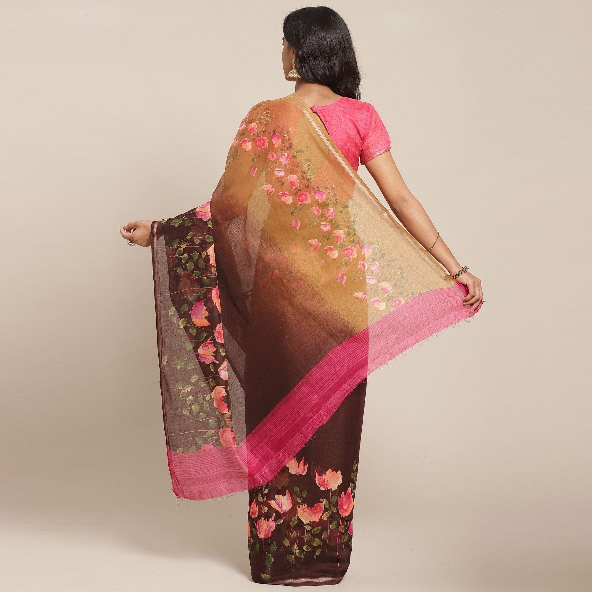 Pleasant Brown - Beige Colored Casual Wear Printed Cotton Blend Saree - Peachmode
