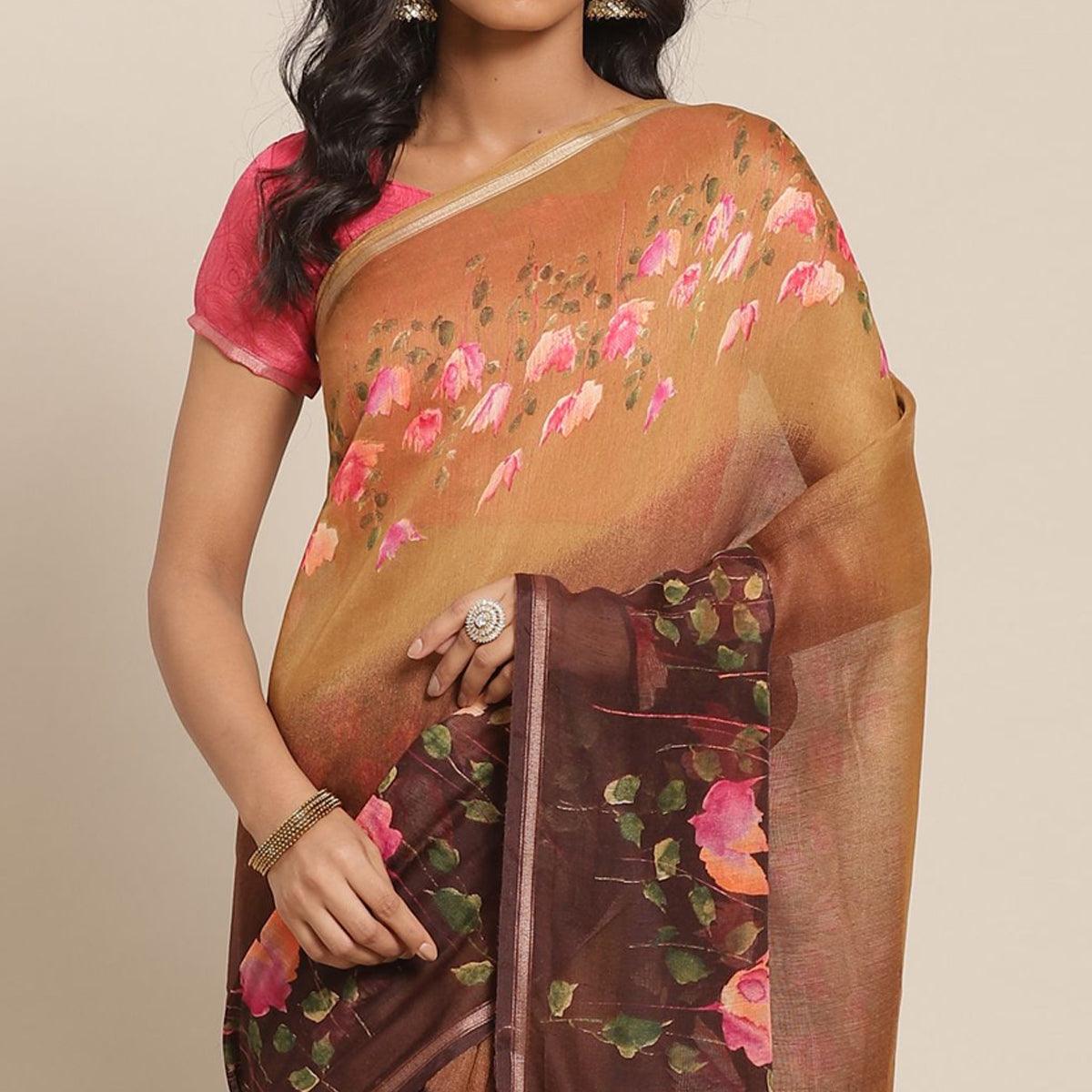 Pleasant Brown - Beige Colored Casual Wear Printed Cotton Blend Saree - Peachmode