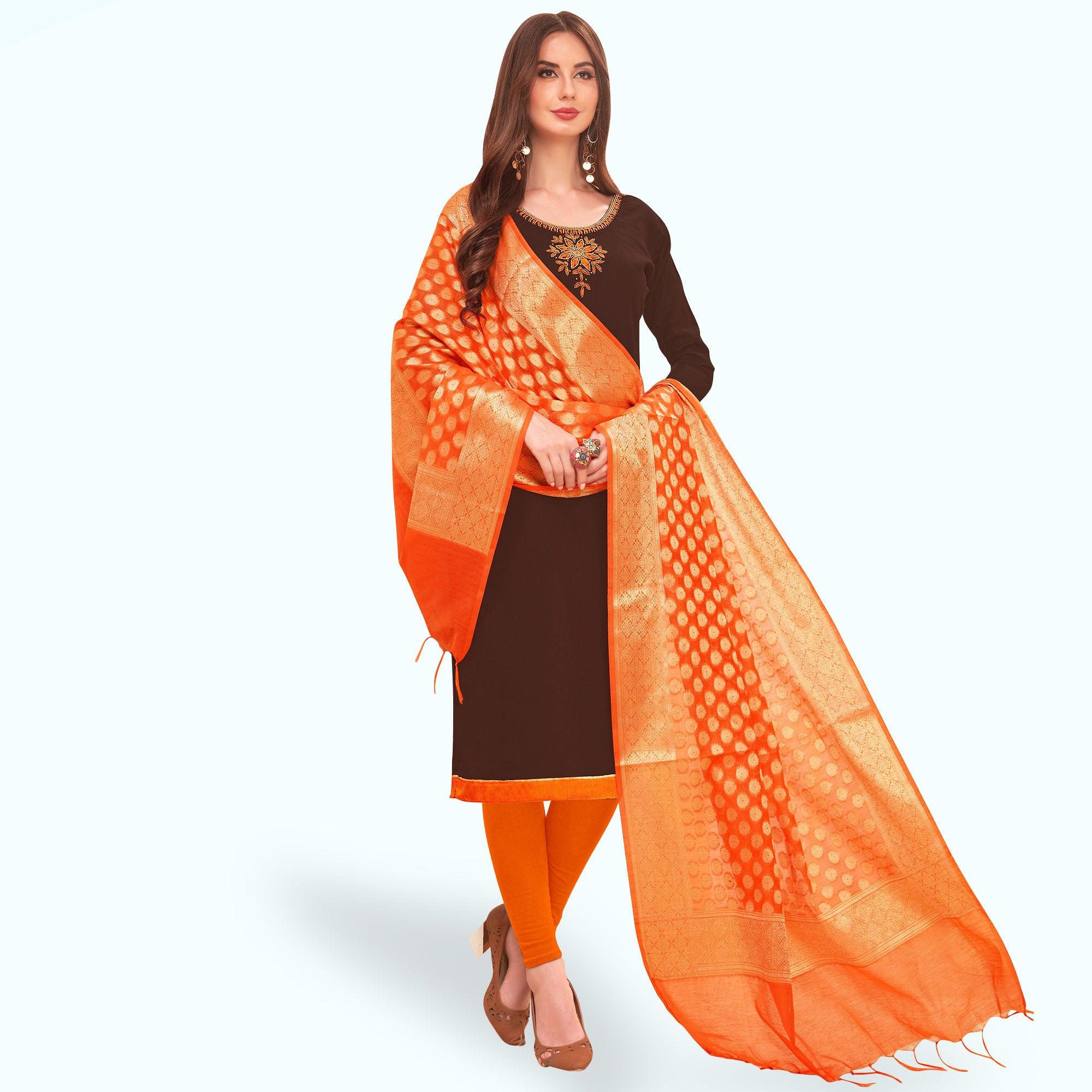 Pleasant Brown Colored Casual Wear Embroidered Cotton Dress Material With Banarasi Silk Dupatta - Peachmode