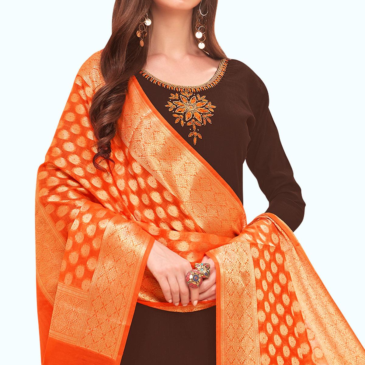 Pleasant Brown Colored Casual Wear Embroidered Cotton Dress Material With Banarasi Silk Dupatta - Peachmode