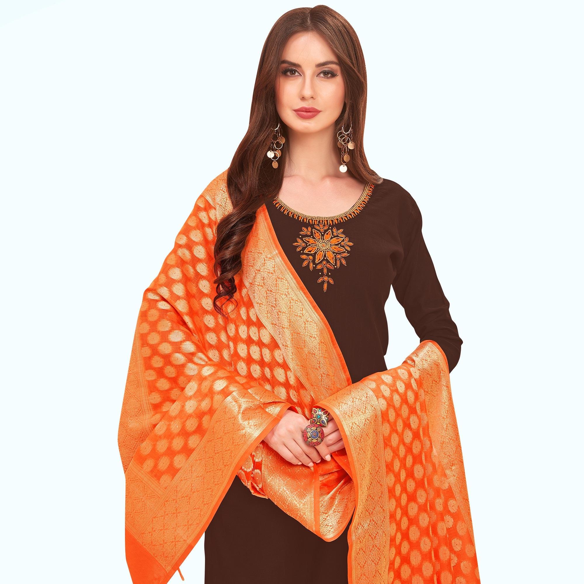 Pleasant Brown Colored Casual Wear Embroidered Cotton Dress Material With Banarasi Silk Dupatta - Peachmode