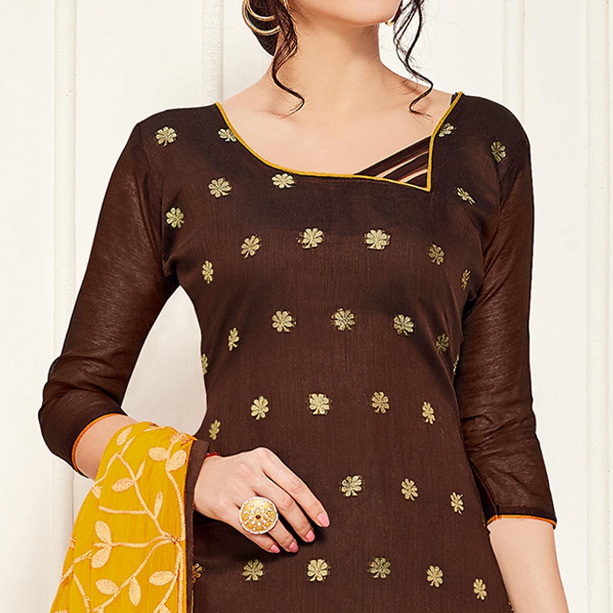 Pleasant Brown Colored Casual Wear Woven Banarasi Silk Dress Material - Peachmode
