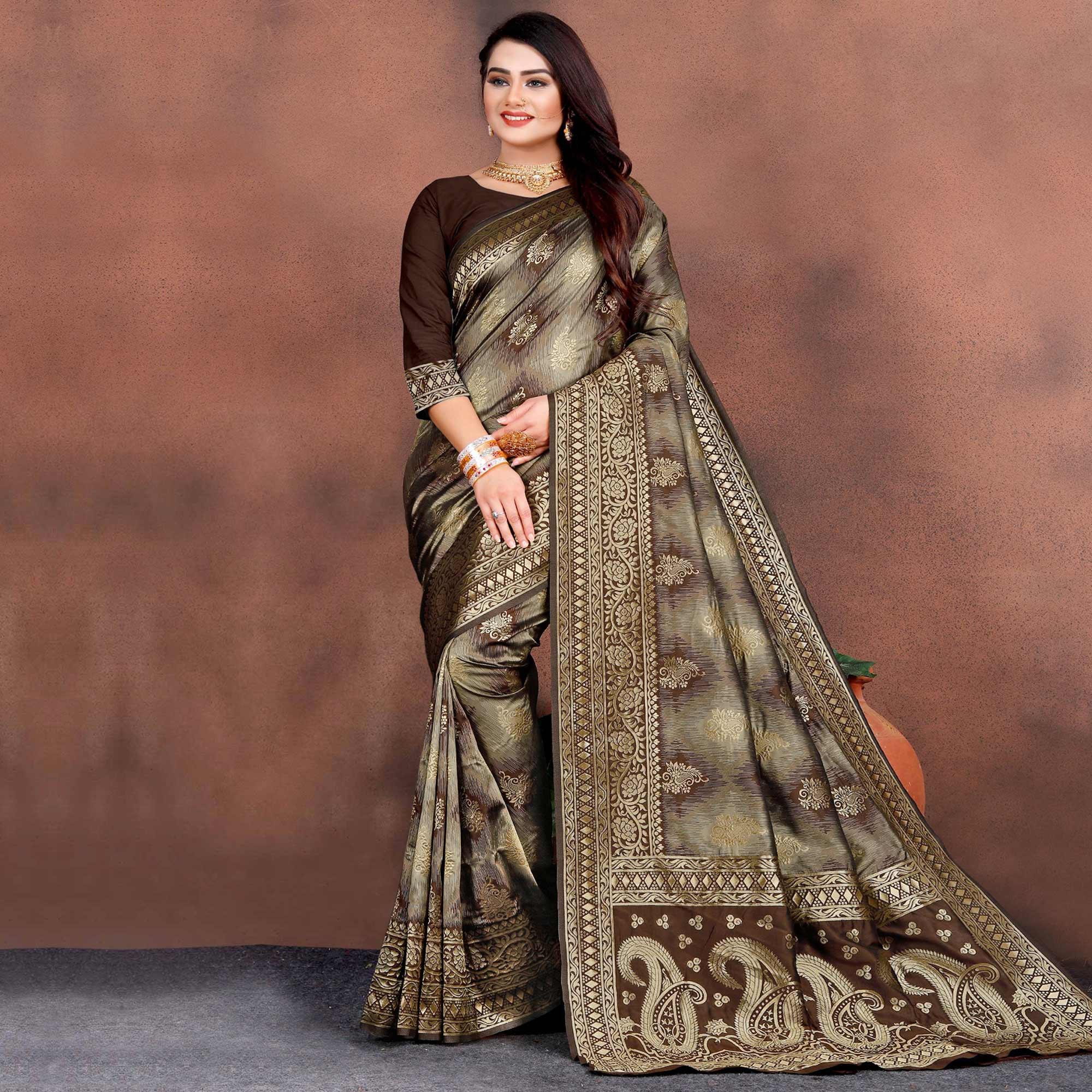 Pleasant Brown Colored Festive Wear Woven Silk Saree - Peachmode