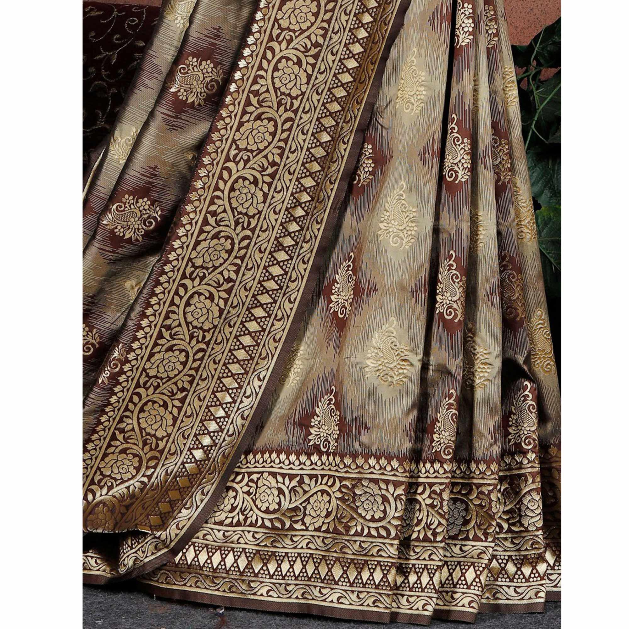 Pleasant Brown Colored Festive Wear Woven Silk Saree - Peachmode