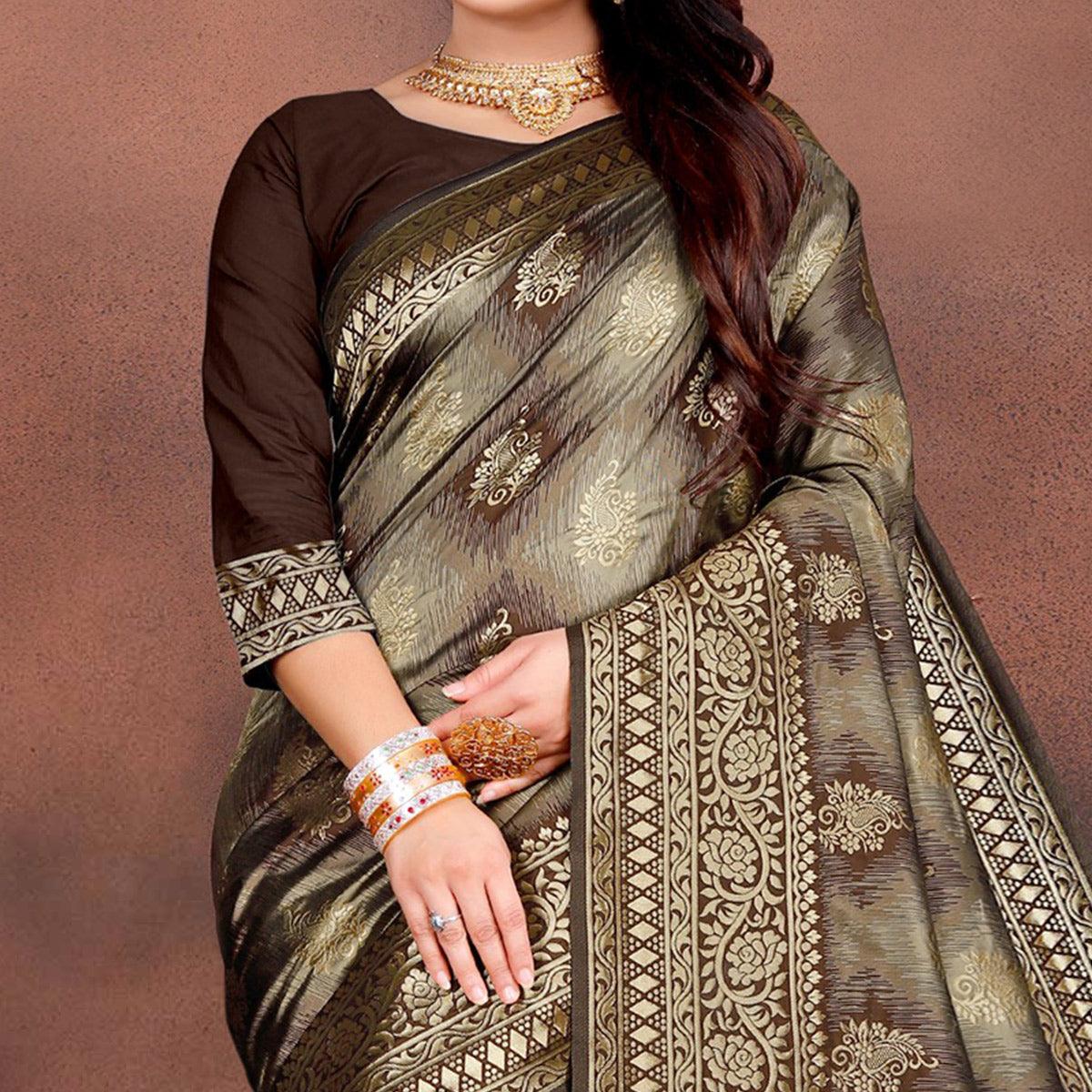 Pleasant Brown Colored Festive Wear Woven Silk Saree - Peachmode