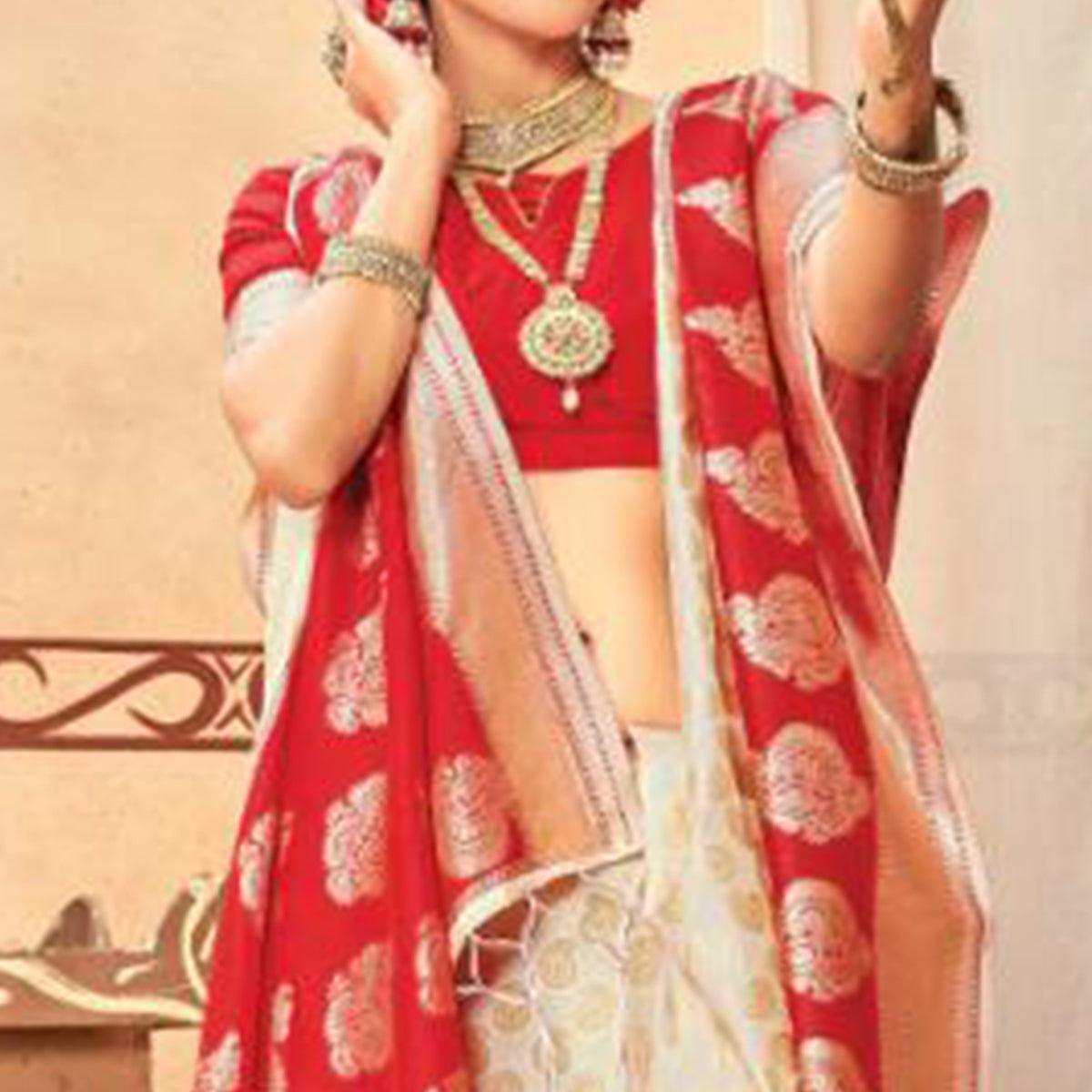 Pleasant Cream & Red Colored Festive Wear Woven Silk Blend Saree With Tassels - Peachmode