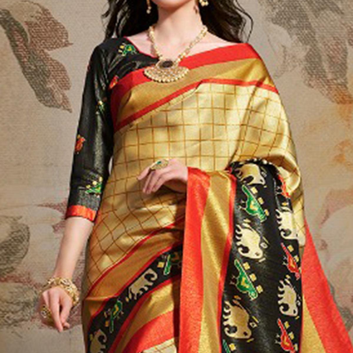 Pleasant Cream Colored Festive Wear Printed Silk Blend Saree With Tassels - Peachmode
