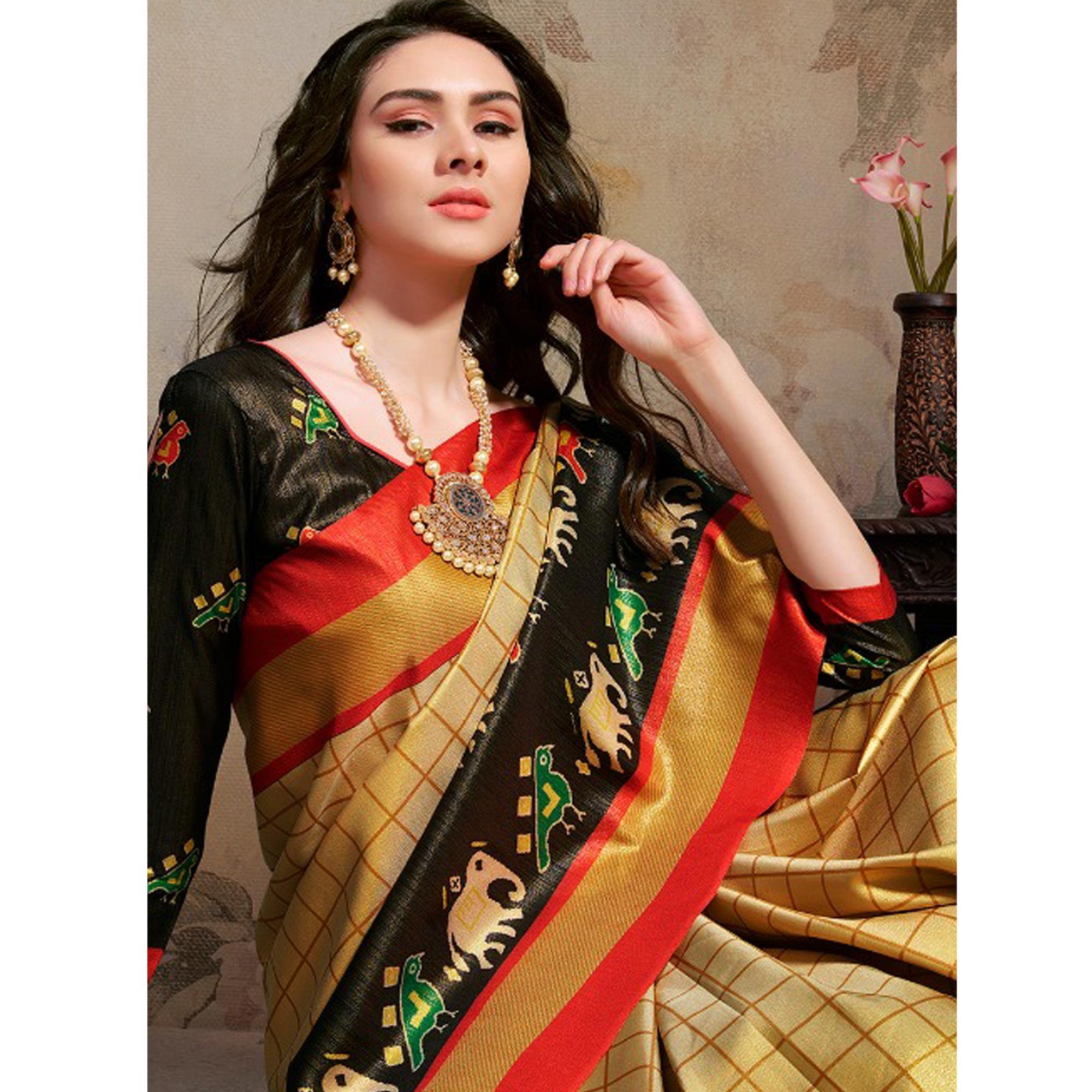 Pleasant Cream Colored Festive Wear Printed Silk Blend Saree With Tassels - Peachmode