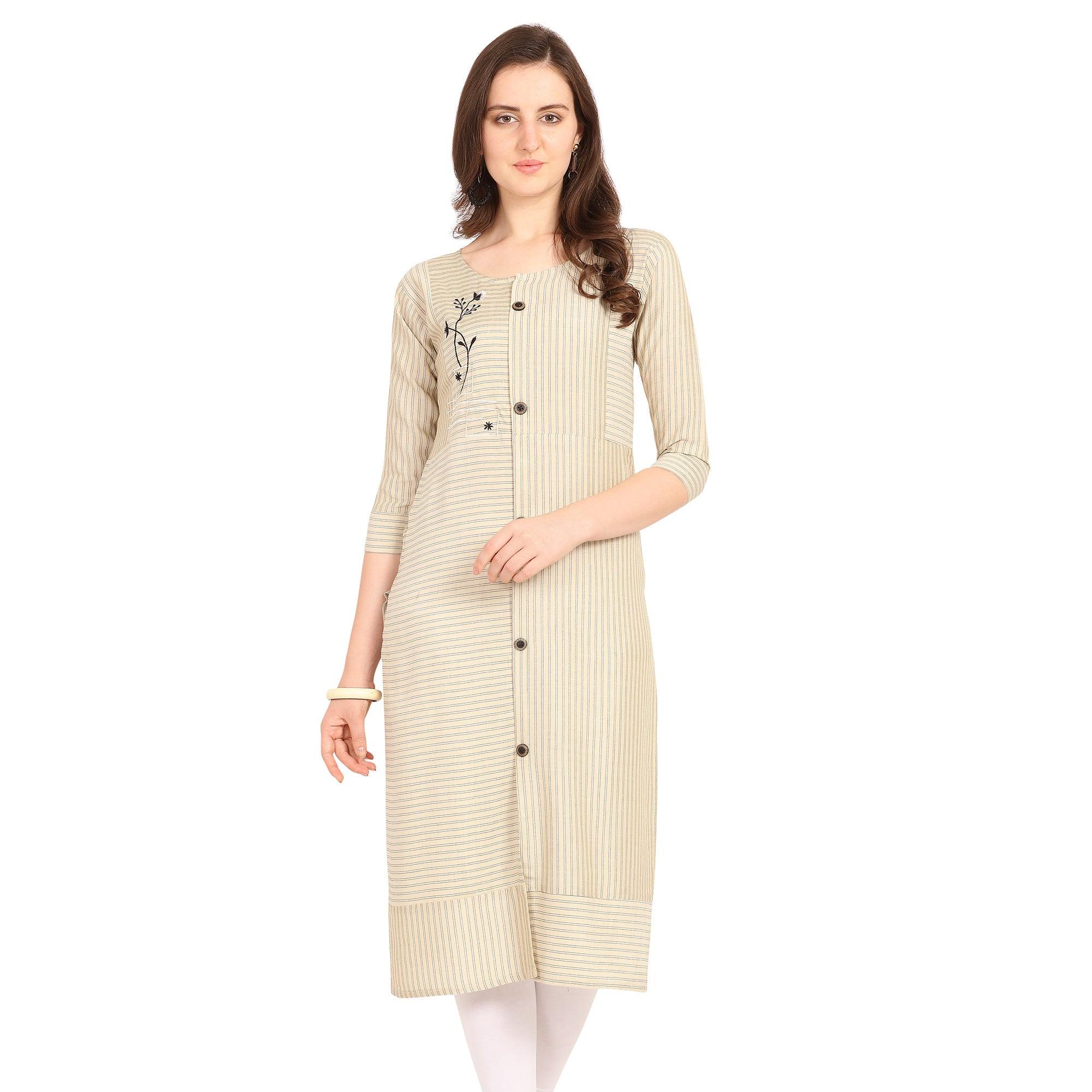 Pleasant Cream Colored Party Wear  Embroidered Work Rayon Kurti - Peachmode