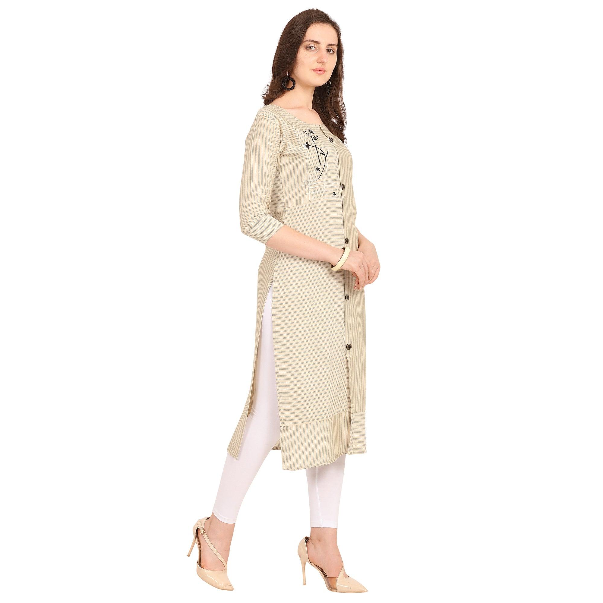 Pleasant Cream Colored Party Wear  Embroidered Work Rayon Kurti - Peachmode