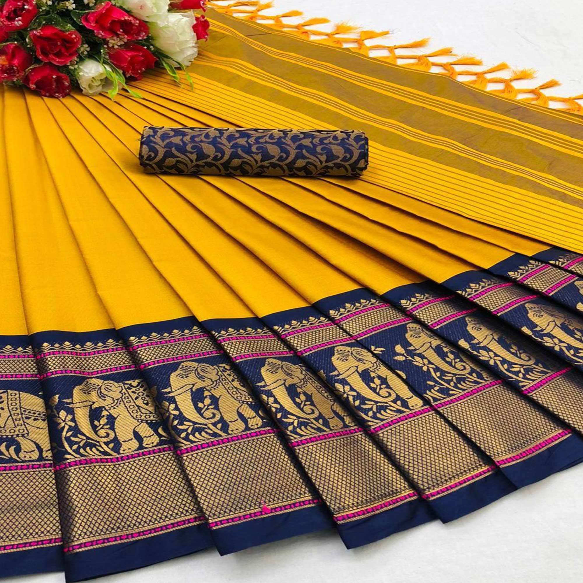 Pleasant Gold Colored Festive Wear Woven Cotton Silk Saree - Peachmode