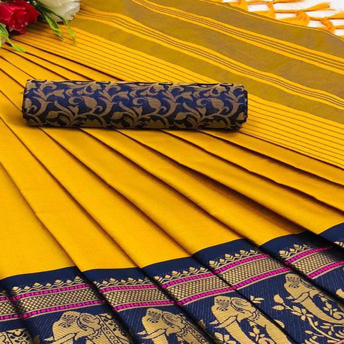 Pleasant Gold Colored Festive Wear Woven Cotton Silk Saree - Peachmode