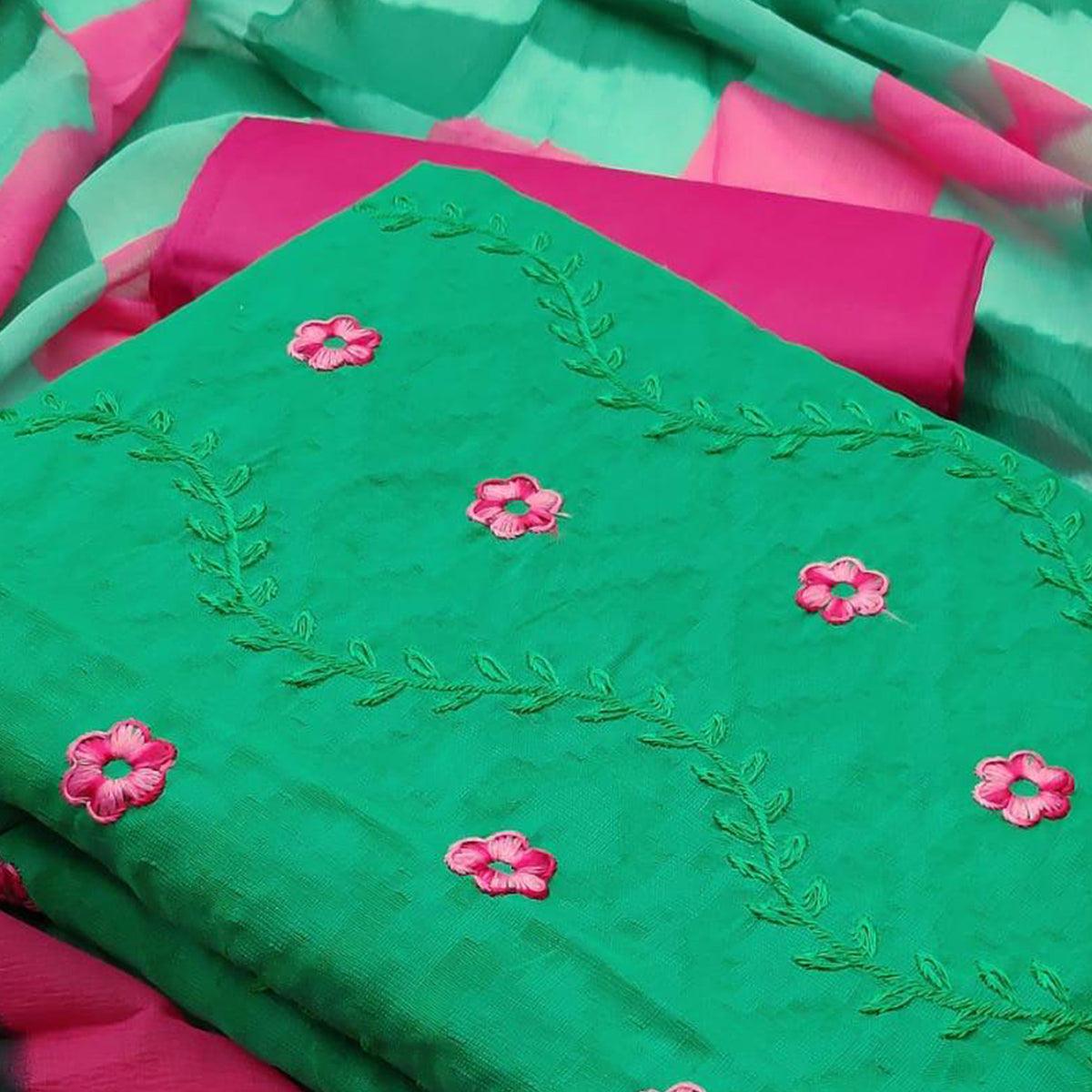 Pleasant Green Colored Casual Wear Embroidered Jacquard Dress Material - Peachmode