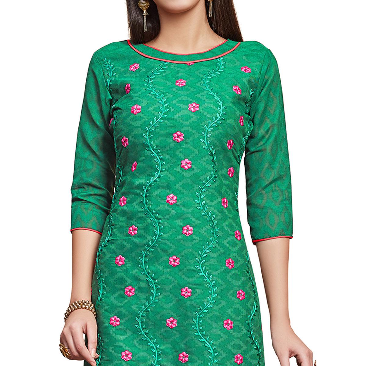 Pleasant Green Colored Casual Wear Embroidered Jacquard Dress Material - Peachmode