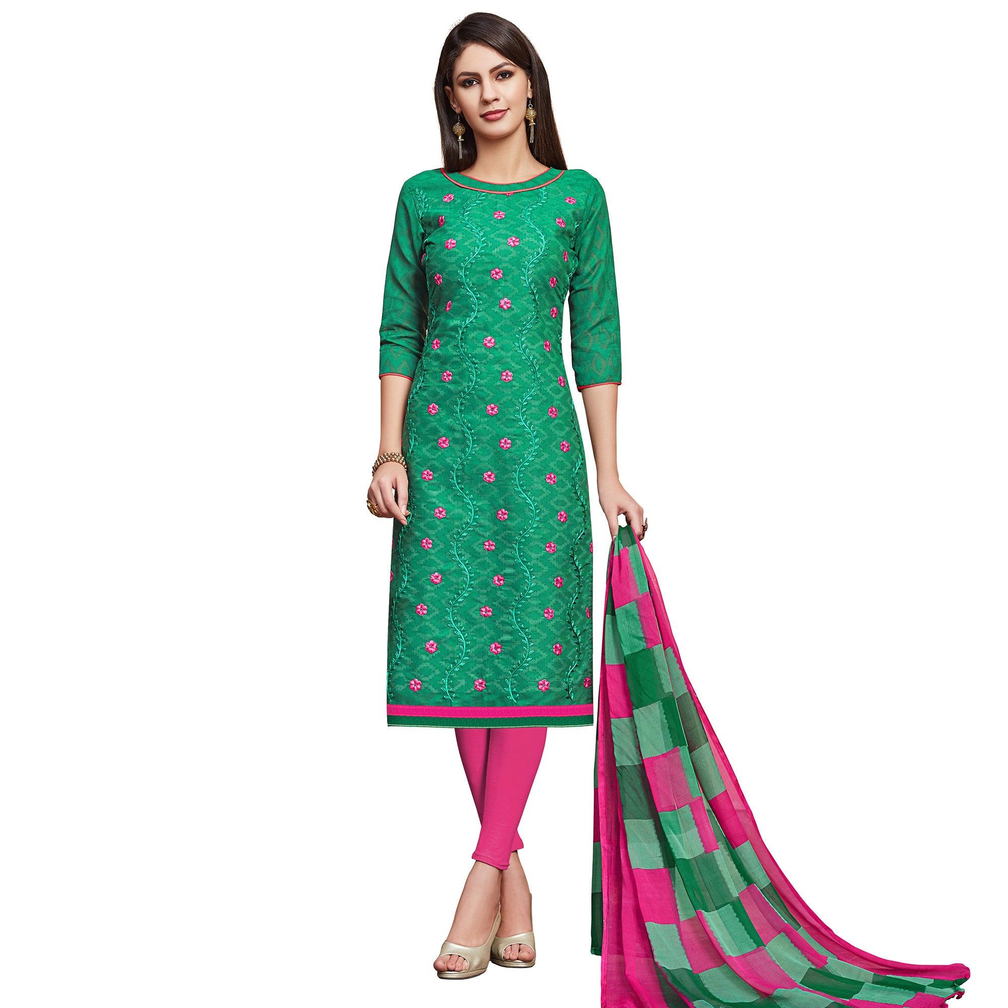 Pleasant Green Colored Casual Wear Embroidered Jacquard Dress Material - Peachmode