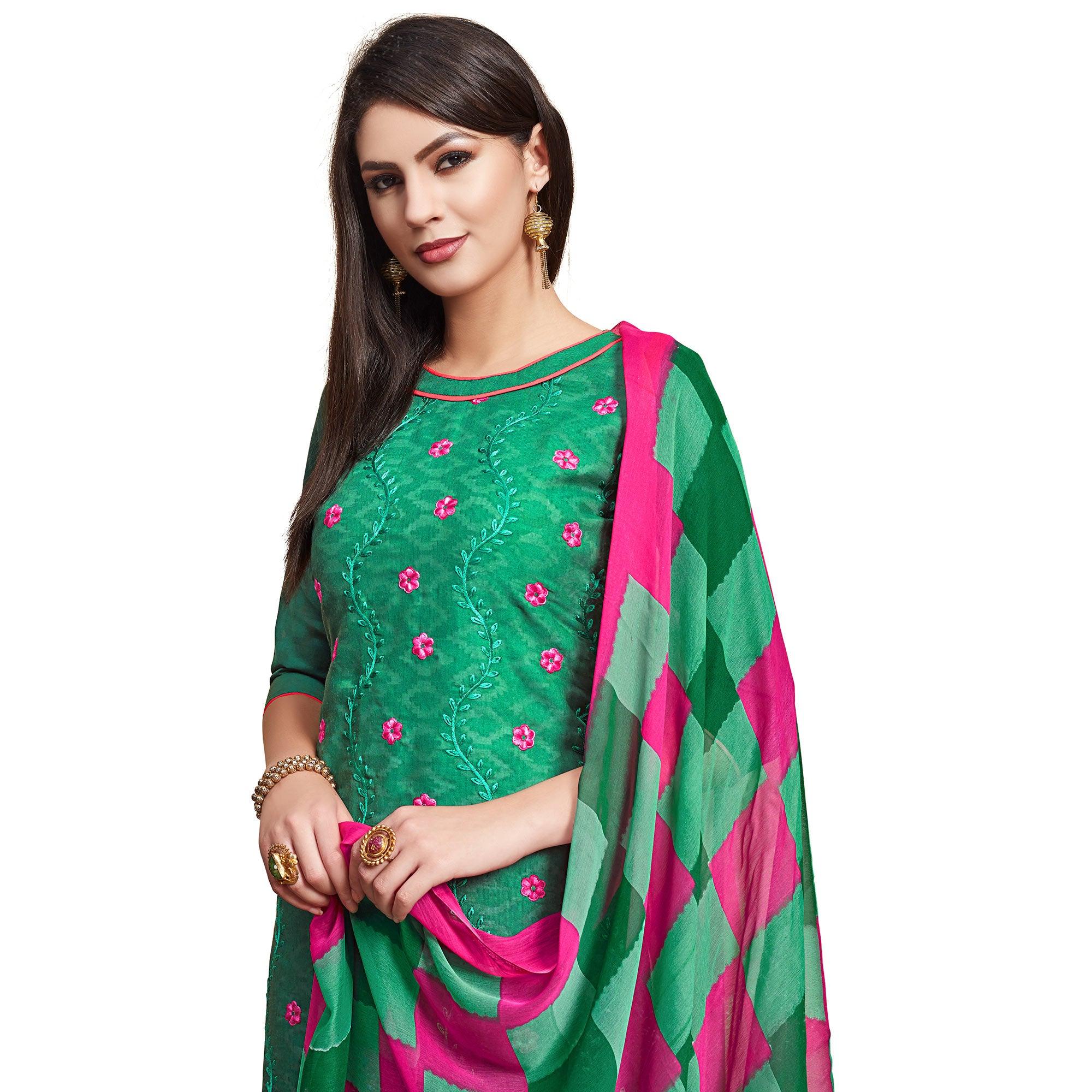 Pleasant Green Colored Casual Wear Embroidered Jacquard Dress Material - Peachmode