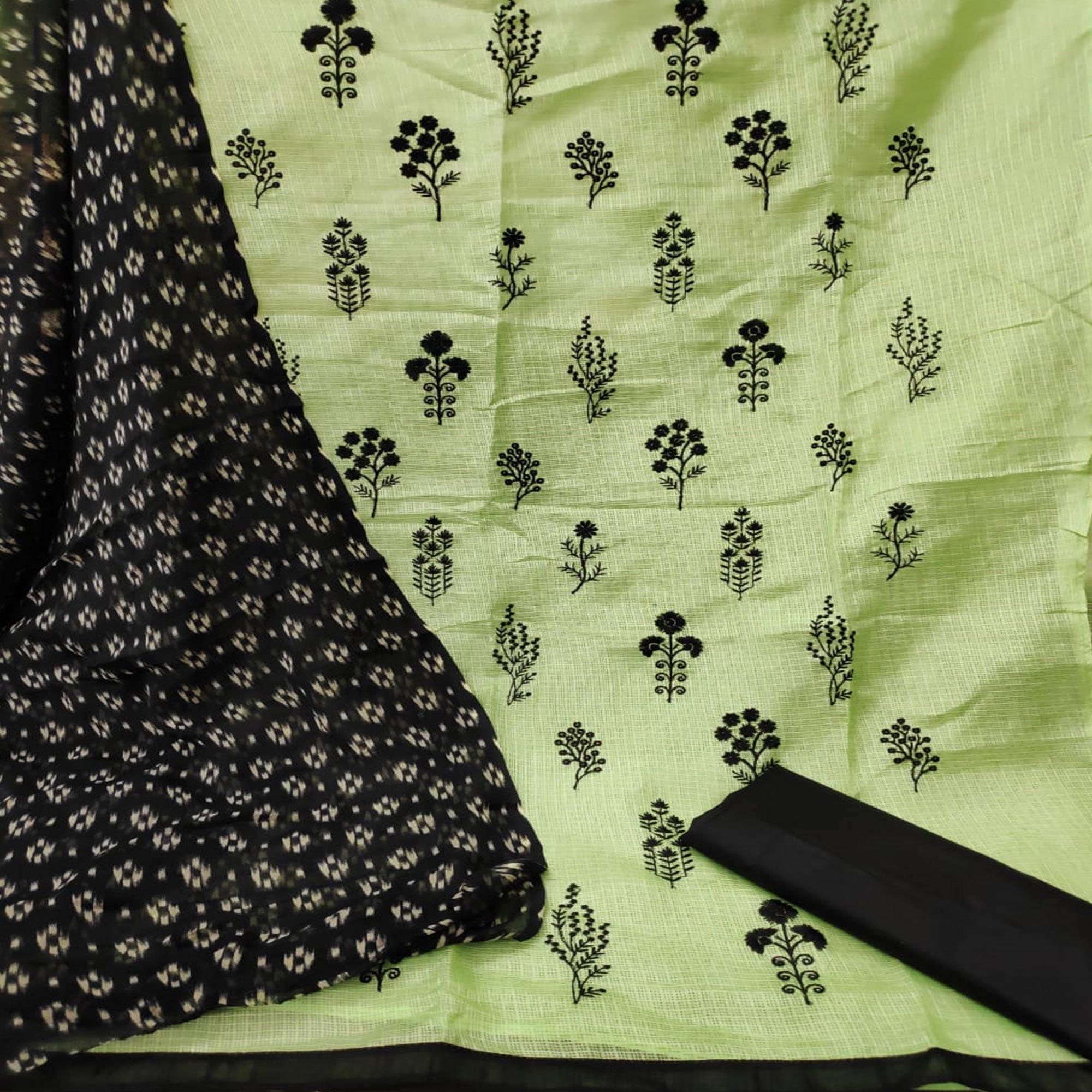 Pleasant Green Colored Casual Wear Embroidered Kota Silk Dress Material - Peachmode