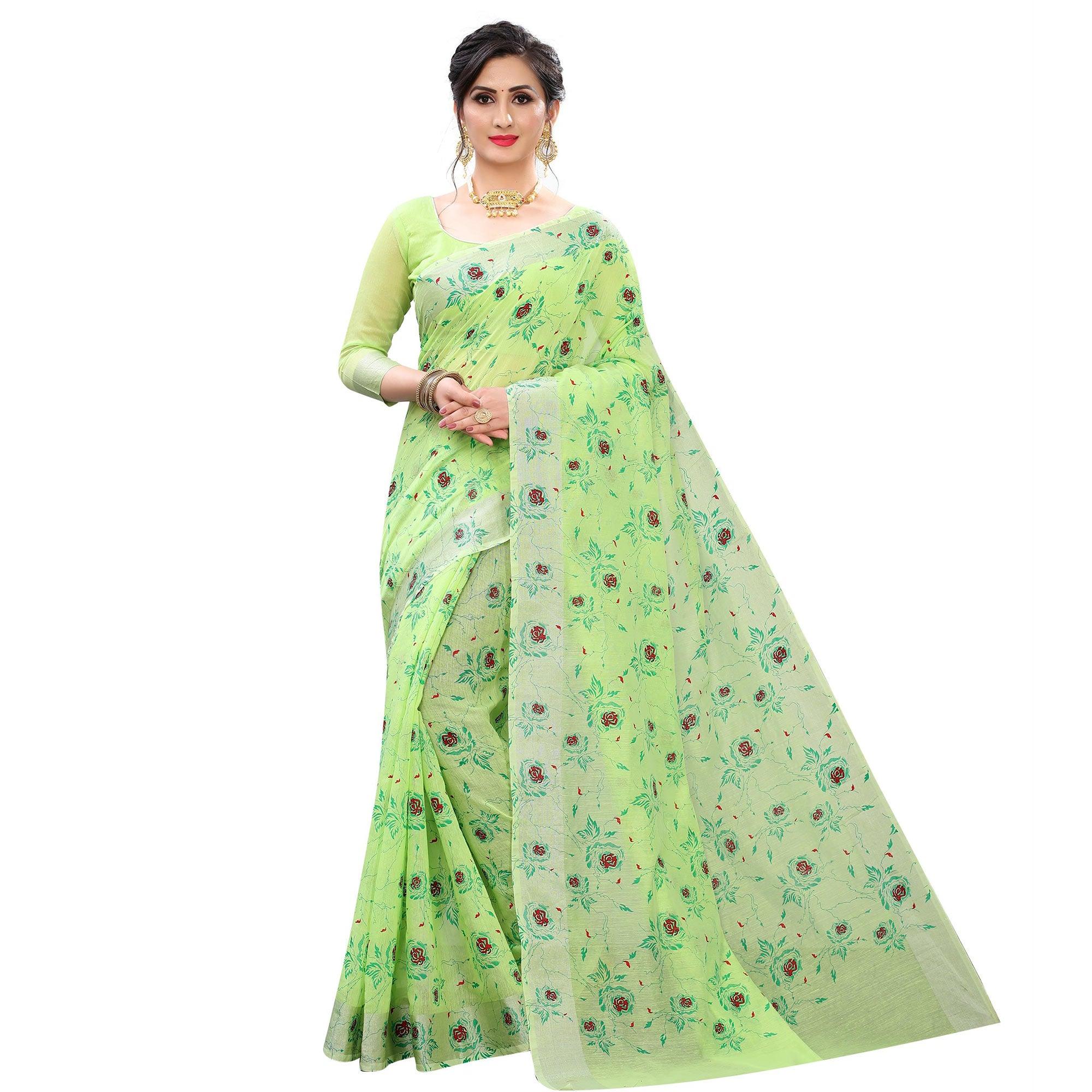Pleasant Green Colored Casual Wear Printed Cotton Linen Saree - Peachmode