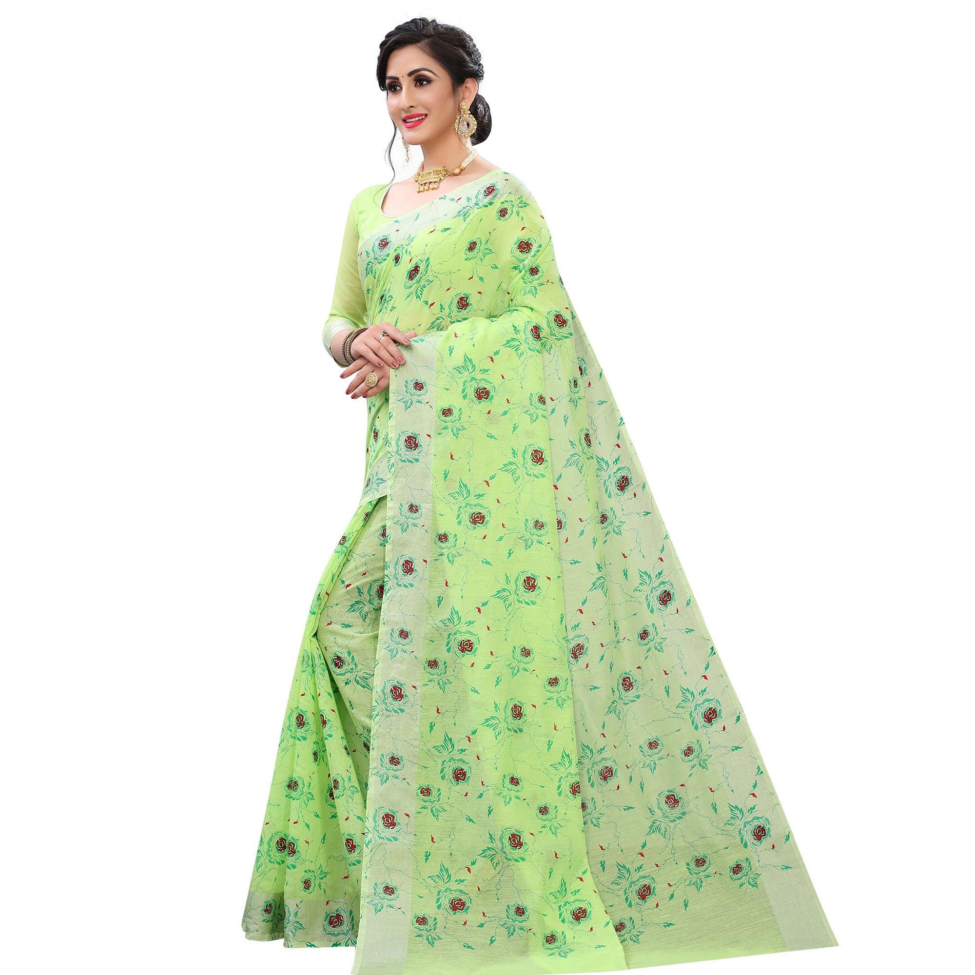 Pleasant Green Colored Casual Wear Printed Cotton Linen Saree - Peachmode