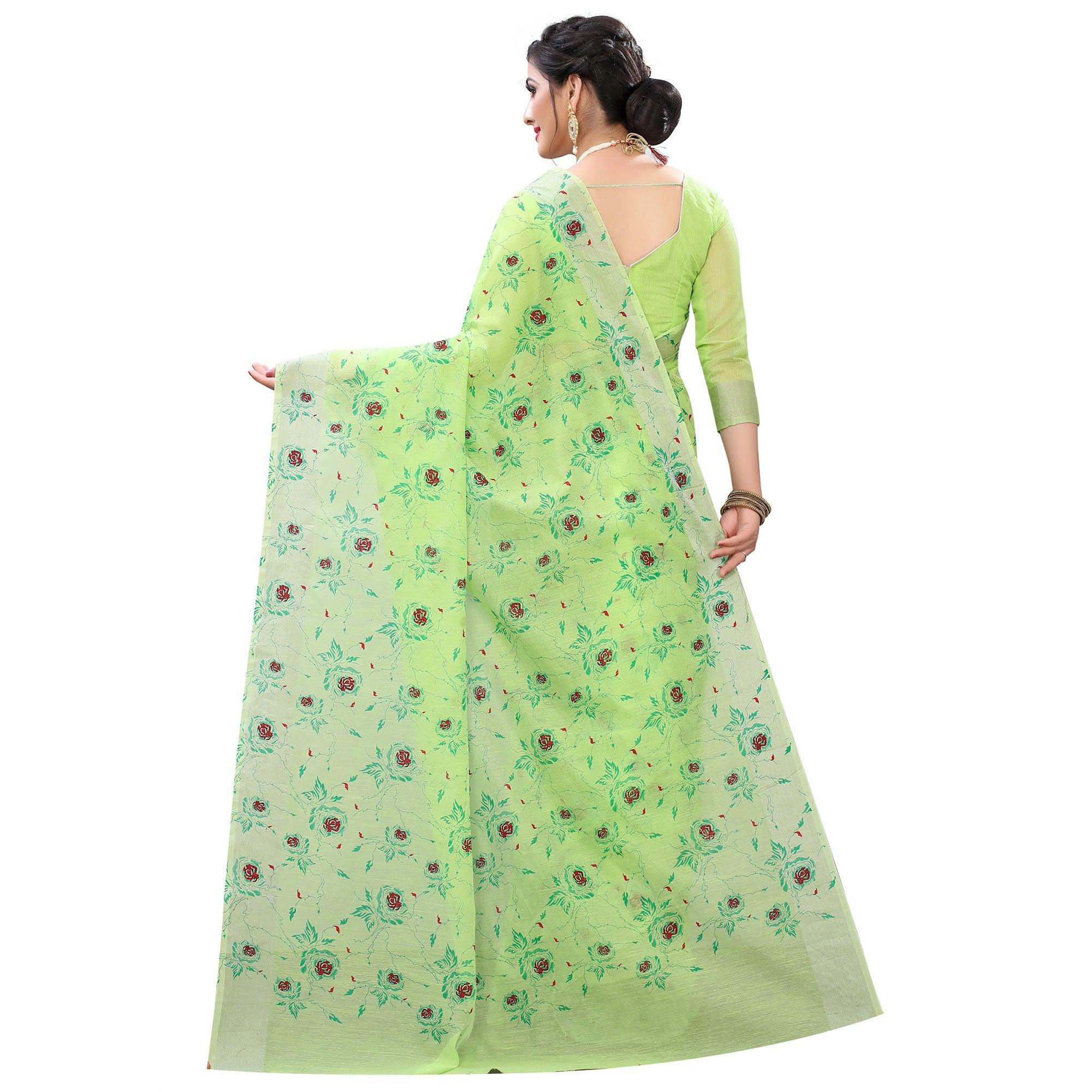 Pleasant Green Colored Casual Wear Printed Cotton Linen Saree - Peachmode
