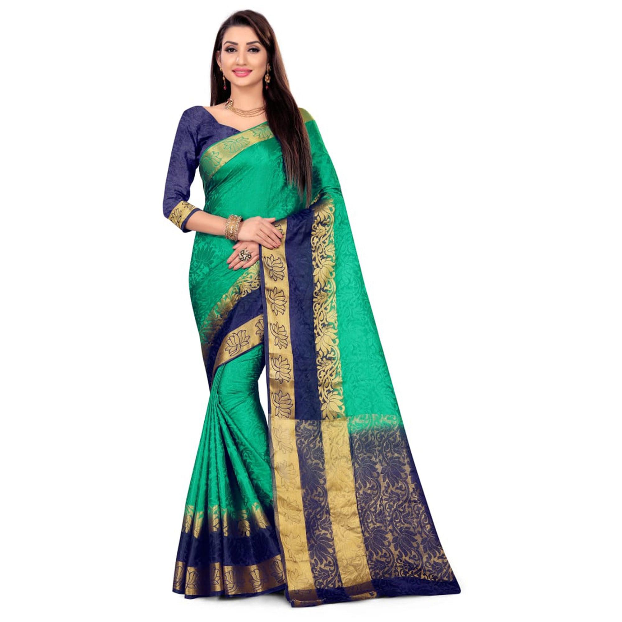 Pleasant Green Colored Festive Wear Woven Nylon Saree - Peachmode