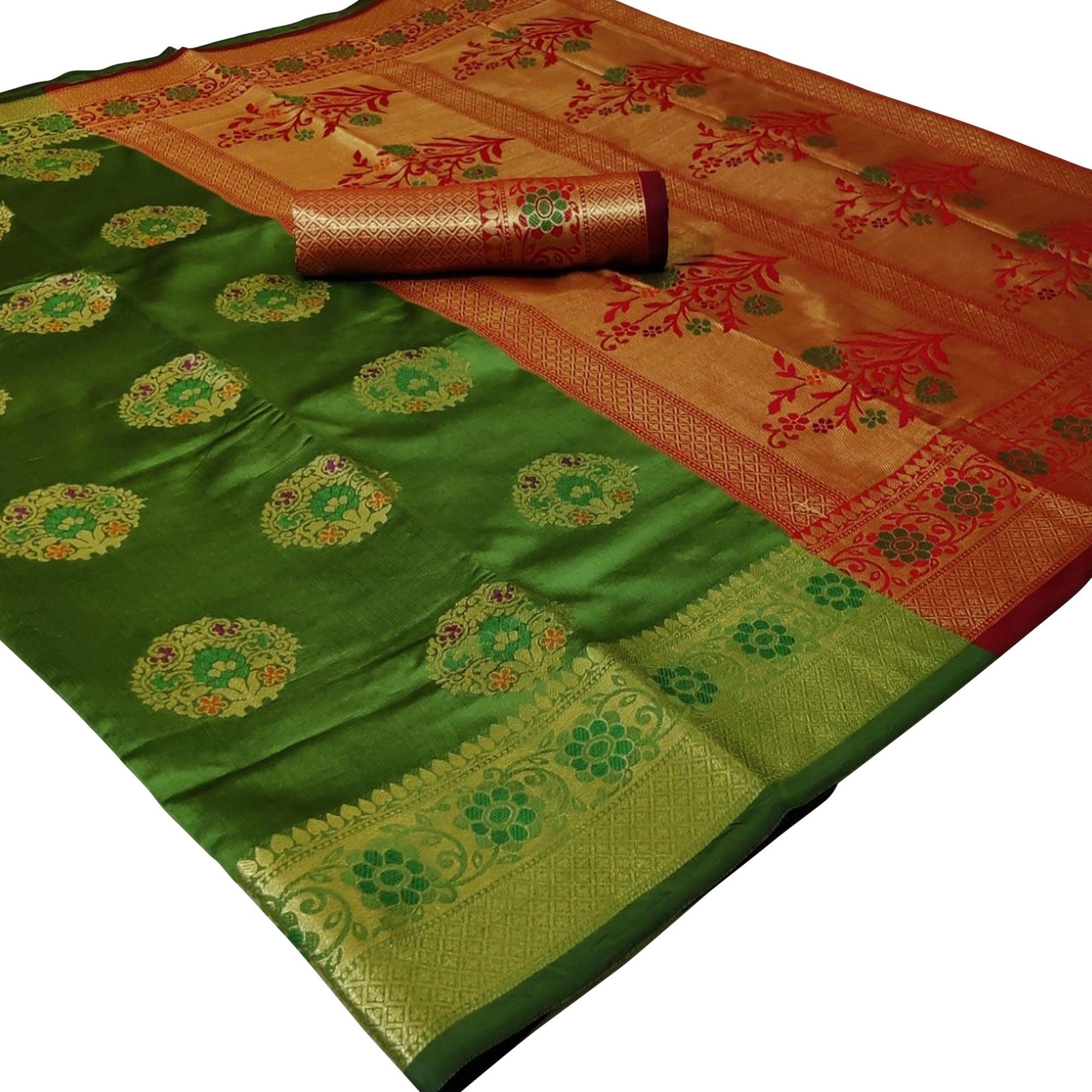 Pleasant Green Colored Festive Wear Woven Silk Saree - Peachmode