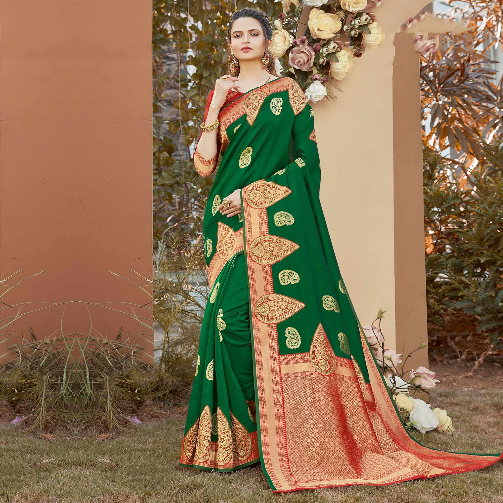 Pleasant Green Colored Festive Wear Woven Silk Saree - Peachmode