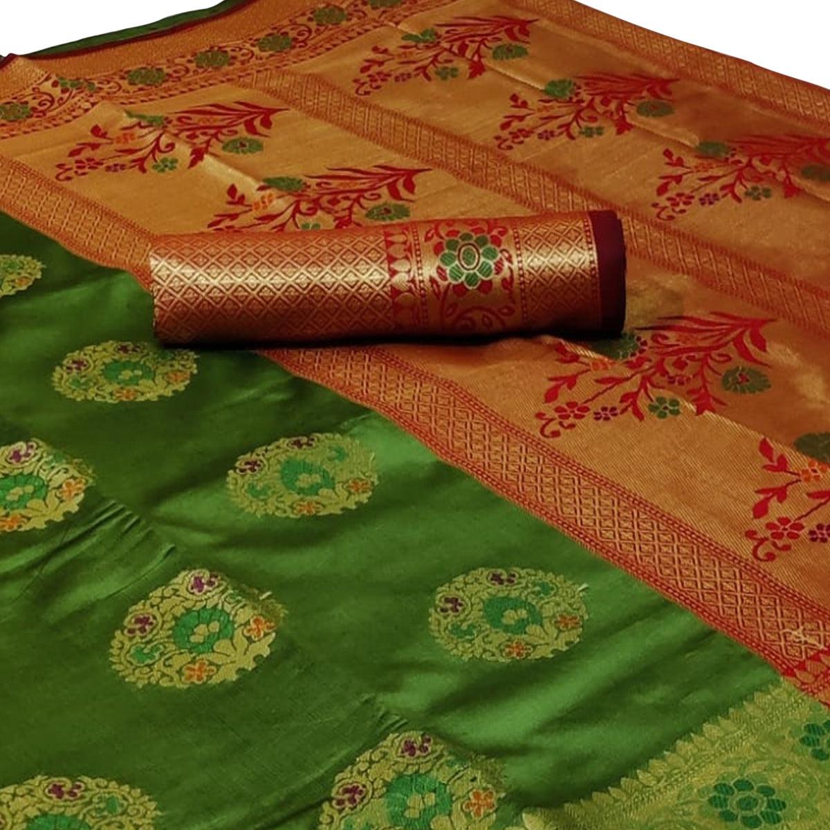 Pleasant Green Colored Festive Wear Woven Silk Saree - Peachmode