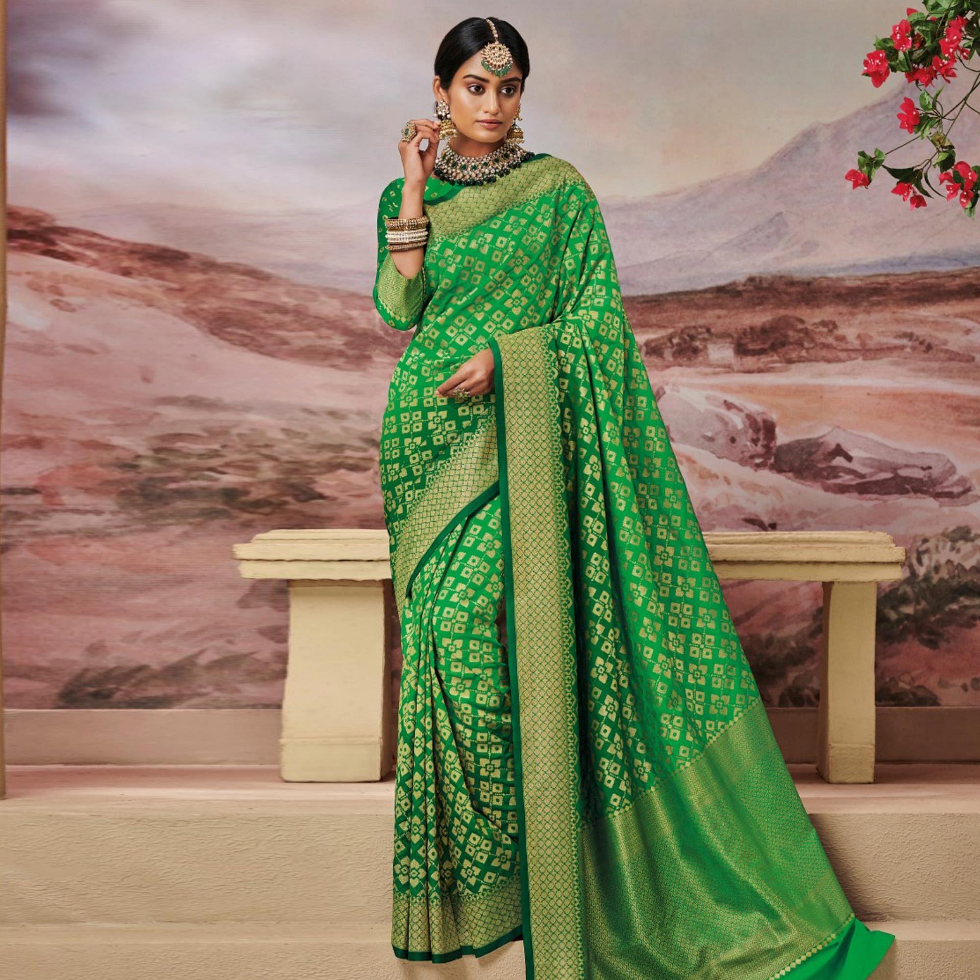 Pleasant Green Colored Festive Wear Woven Silk Soft Saree - Peachmode
