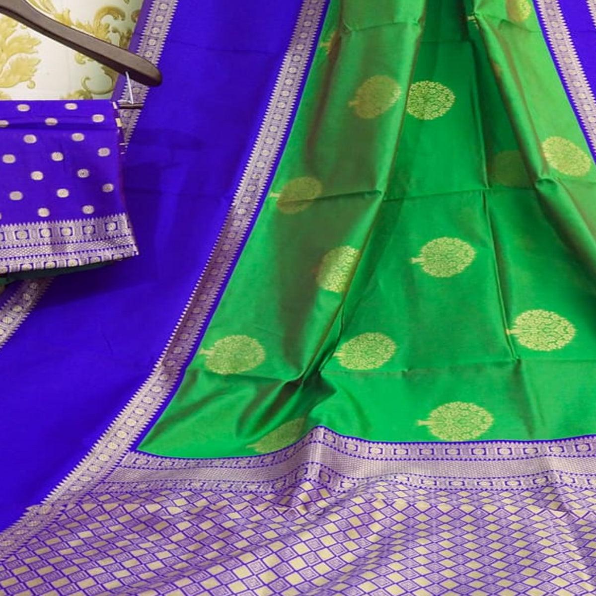 Pleasant Green Colored Festive Wear Woven Soft Lichi Silk Saree - Peachmode