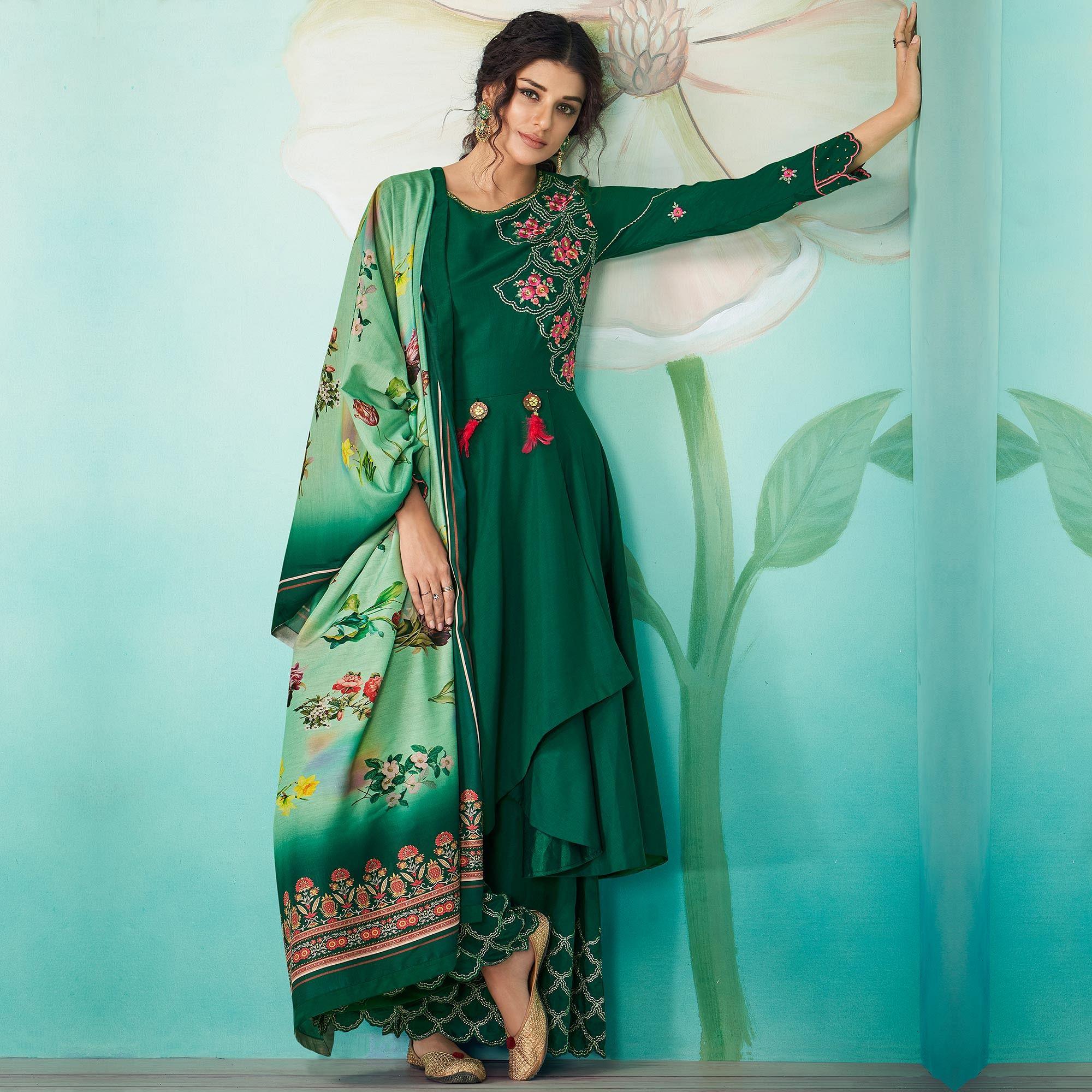 Pleasant Green Colored Party Wear Floral Embroidered Muslin Cotton Kurti-Palazzo Set With Dupatta - Peachmode