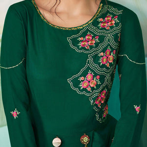 Pleasant Green Colored Party Wear Floral Embroidered Muslin Cotton Kurti-Palazzo Set With Dupatta - Peachmode