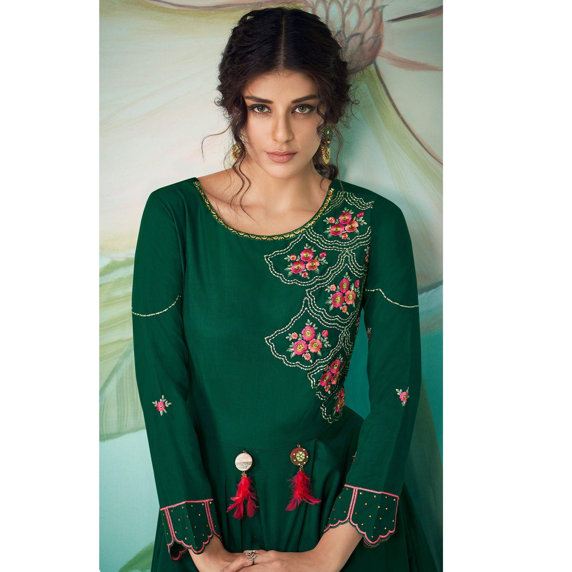Pleasant Green Colored Party Wear Floral Embroidered Muslin Cotton Kurti-Palazzo Set With Dupatta - Peachmode