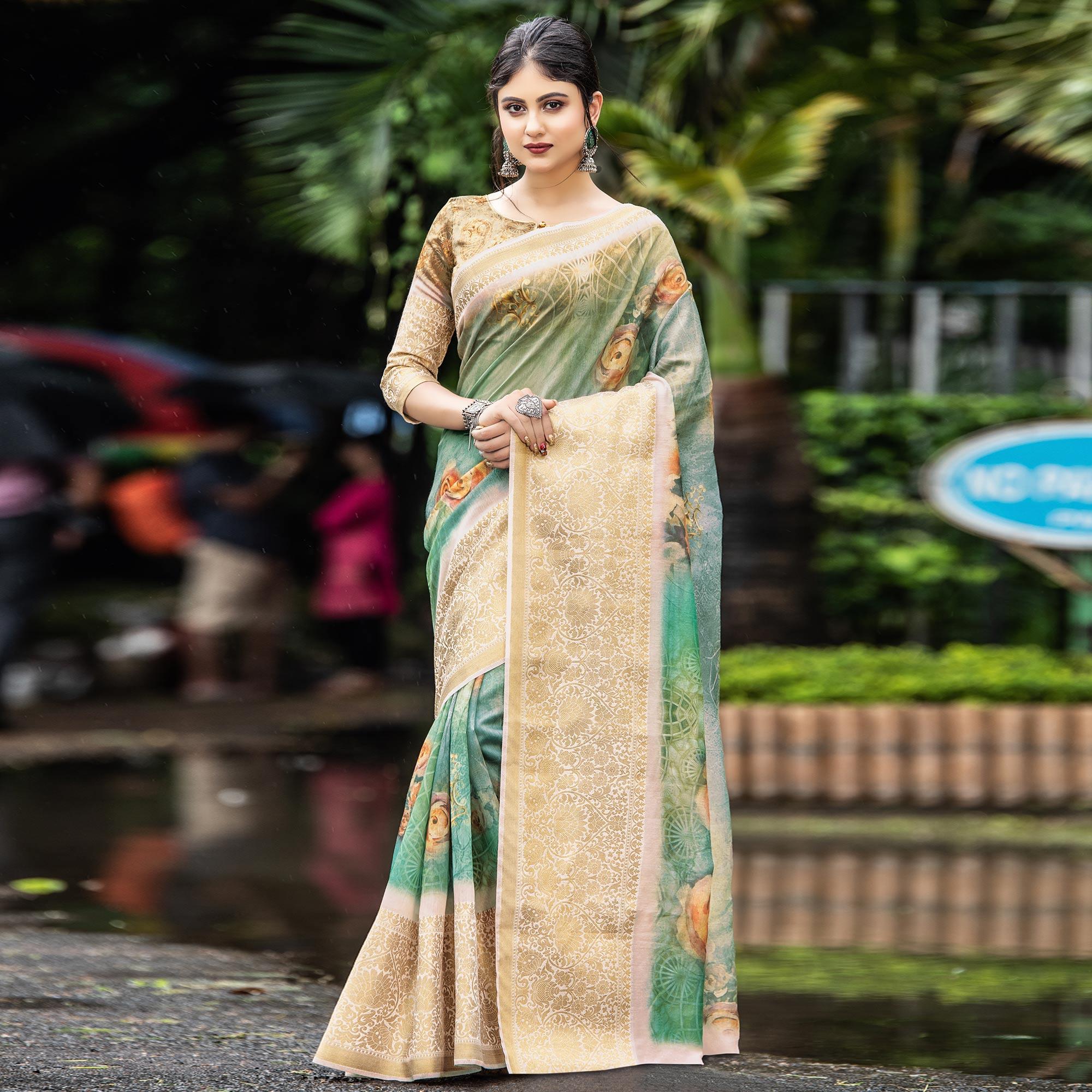 Pleasant Green Colored Partywear Digital Printed Organza Saree - Peachmode