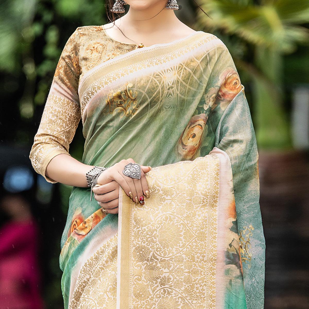 Pleasant Green Colored Partywear Digital Printed Organza Saree - Peachmode