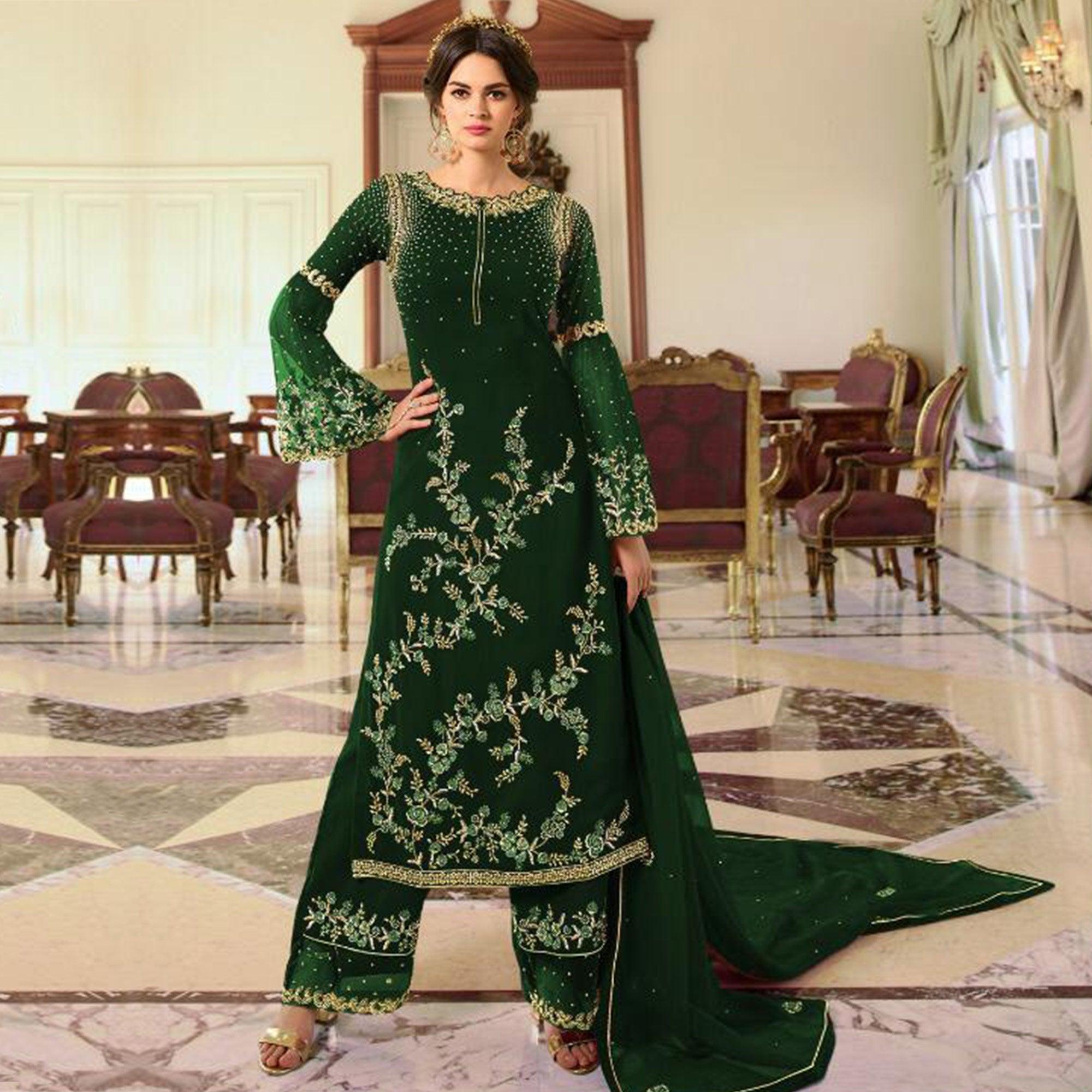 Pleasant Green Colored Partywear Embroidered Georgette Palazzo Suit - Peachmode